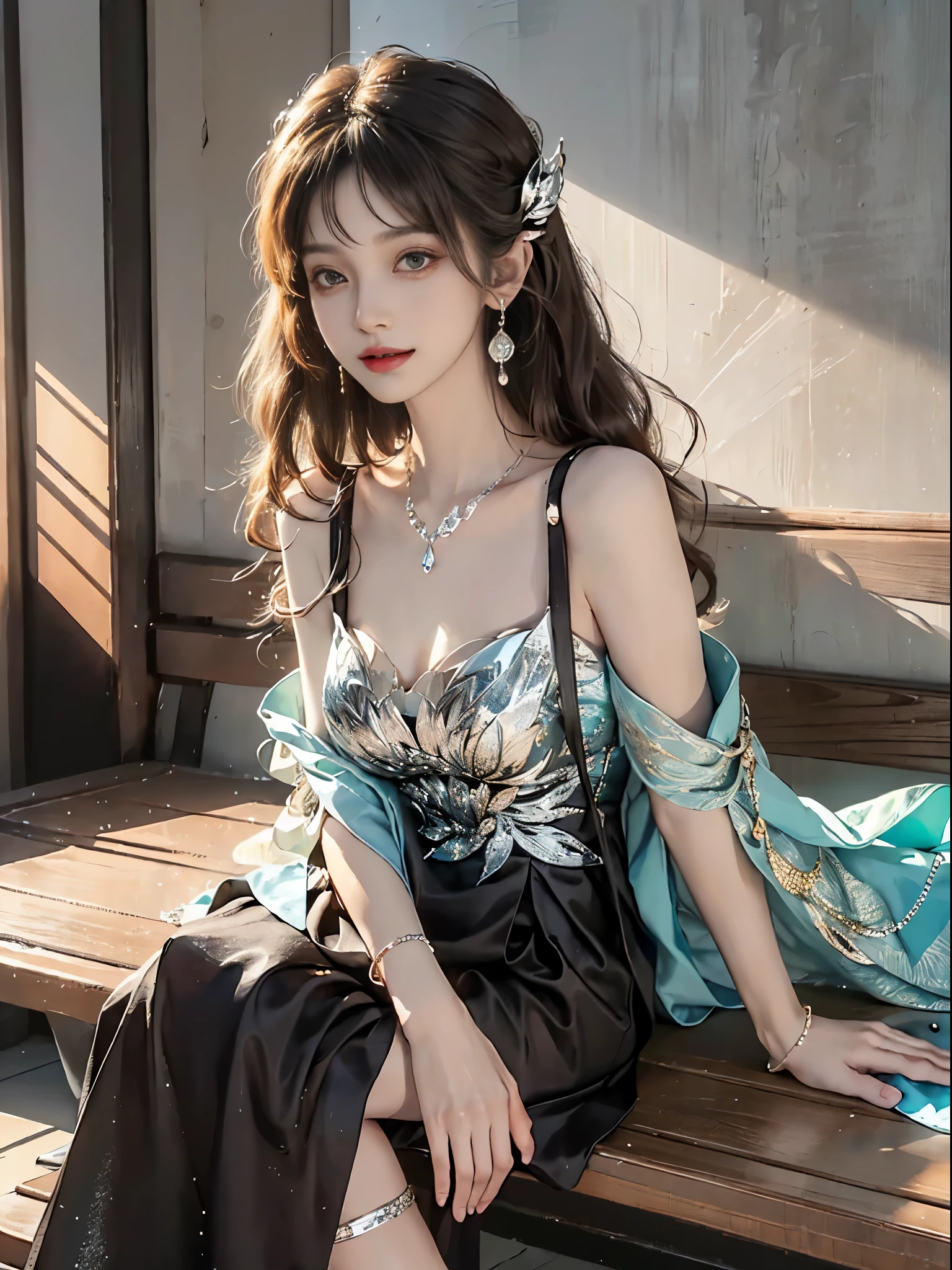 ((whole body)), ((from the side)), ((sitting position, Sitting on a park bench, thin legs)), ((actual)), ((off-the-shoulder clothes)), 1 girl, looking towards the viewer, Asian model, inside the classroom, Detailed scene, Long, flowing hair, Long hair with a shawl, curls, air bangs, beautiful hair accessories, brown hair, Slim, ((long black dress, Sparkling diamonds, High heel)), warm light, Warm color palette, detailed details, Super detailed, (masterpiece, best quality), (Extremely exquisite and beautiful work), exquisite earrings, exquisite necklace, clavicle, simple blurr background, extremely detailed description, Ultra-fine painting, delicate face, Slim toned body, sweet smile, Show teeth, (ultra-actual realism)