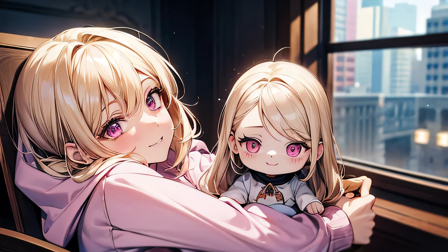 happy, Pretty Woman, Light blonde, pink eyes, (Holding a doll wearing a hoodie on a chair)