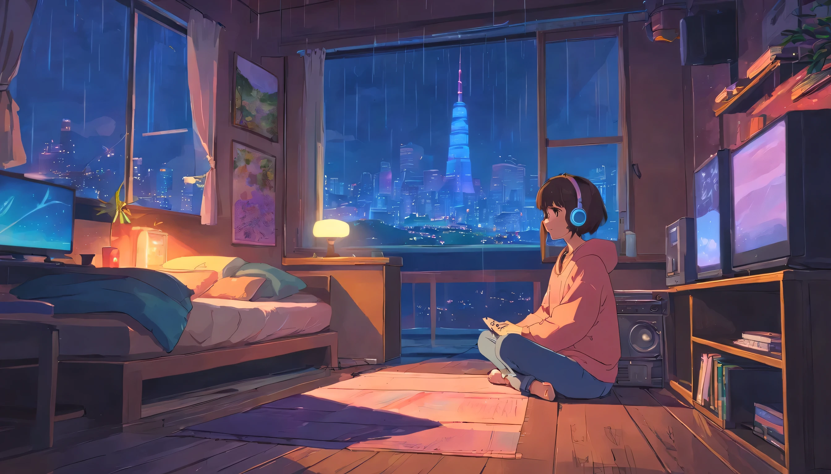 night、Girl sitting listening to music in a cozy room, Use headphones, 2D anime style, i will fix it, hard disk, dark environment,, brown hair, black eye, brown skin, 12 years old , Shopping European hippie girl in pink pajamas meditating in her room, Dreaming, Wear headphones, 常night灯, Neon landscape on a rainy day, Analog Color Theme, i will fix itヒップホップ , Retrospective, flat, 2.5D ,Draw a line, ink painting, Large gradients, watercolor painting, Goosch color, Studio Ghibli style, Awesome colorful, Outer Ton, Krautlock, Lofiato, 70s style,Old textures, amplitude,Psychedelic atmosphere, table top, Incredible technology,nightの居心地の良い部屋で音楽を聴く女の子, Use headphones, 2D anime style, i will fix it, hard disk, dark environment
