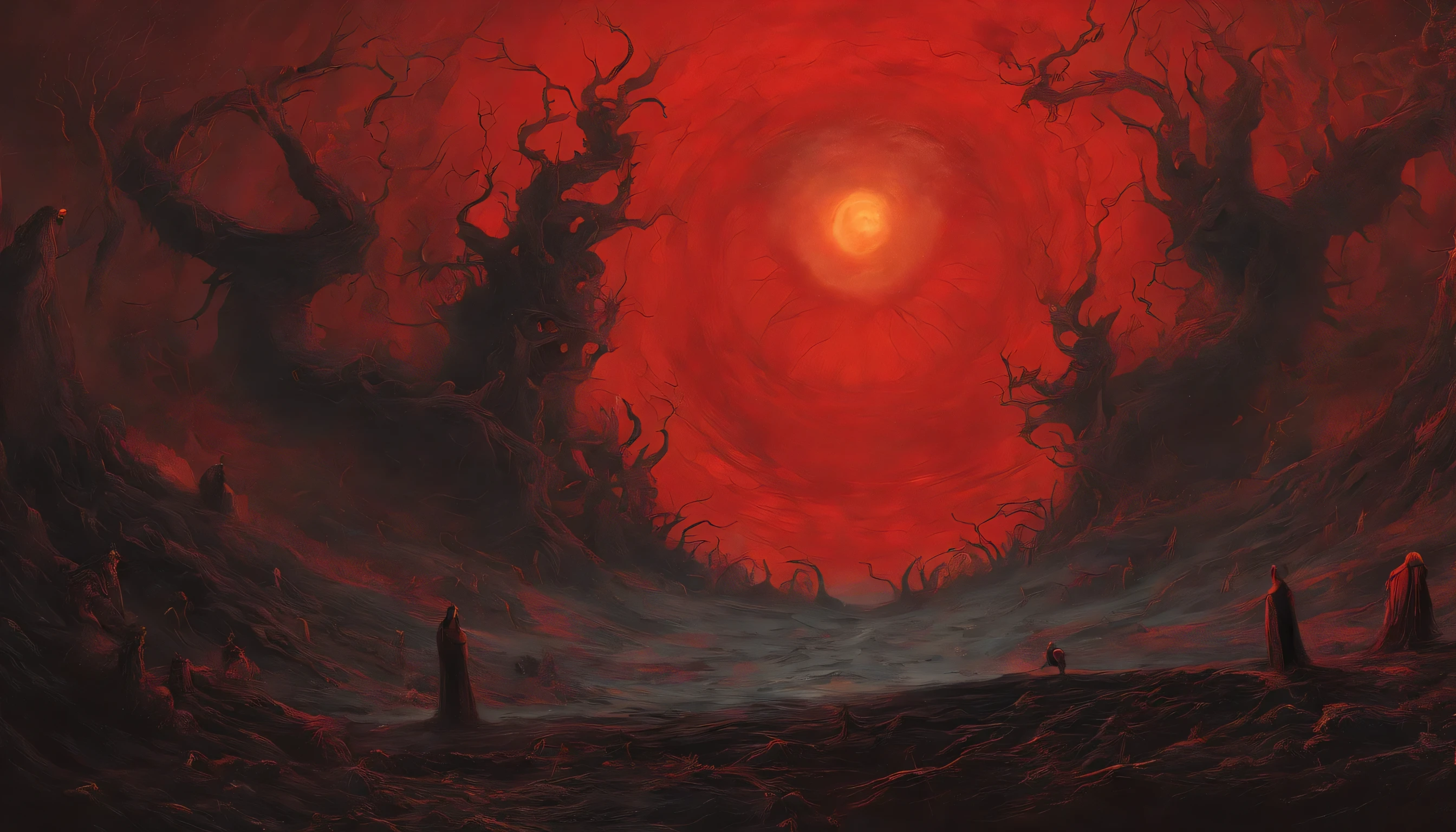 mythical creatures, author:Zdzisław Beksiński wa Van Gogh, Robotic, surrealism ,Satan, circle, wizard, abstracted, dark, red, hell, landscape、Big eyes