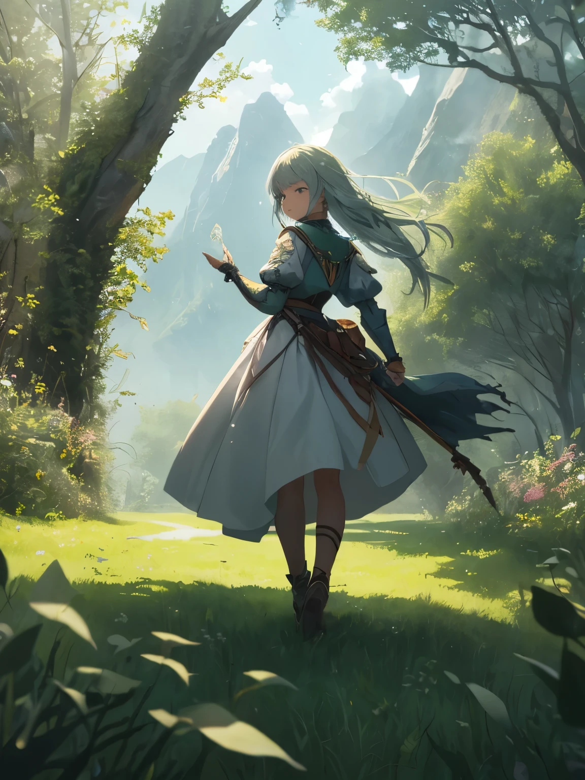 In a green meadow is a girl who leads a group of knights.
BREAK
With a brave expression, She guides them to their destination.
BREAK
Behind her, A green forest stretches beyond that, Mountains rise in the distance.
BREAK The most suitable effect for this scene would be a watercolor painting technique to capture the softness of the meadow and the fluidity of movement.