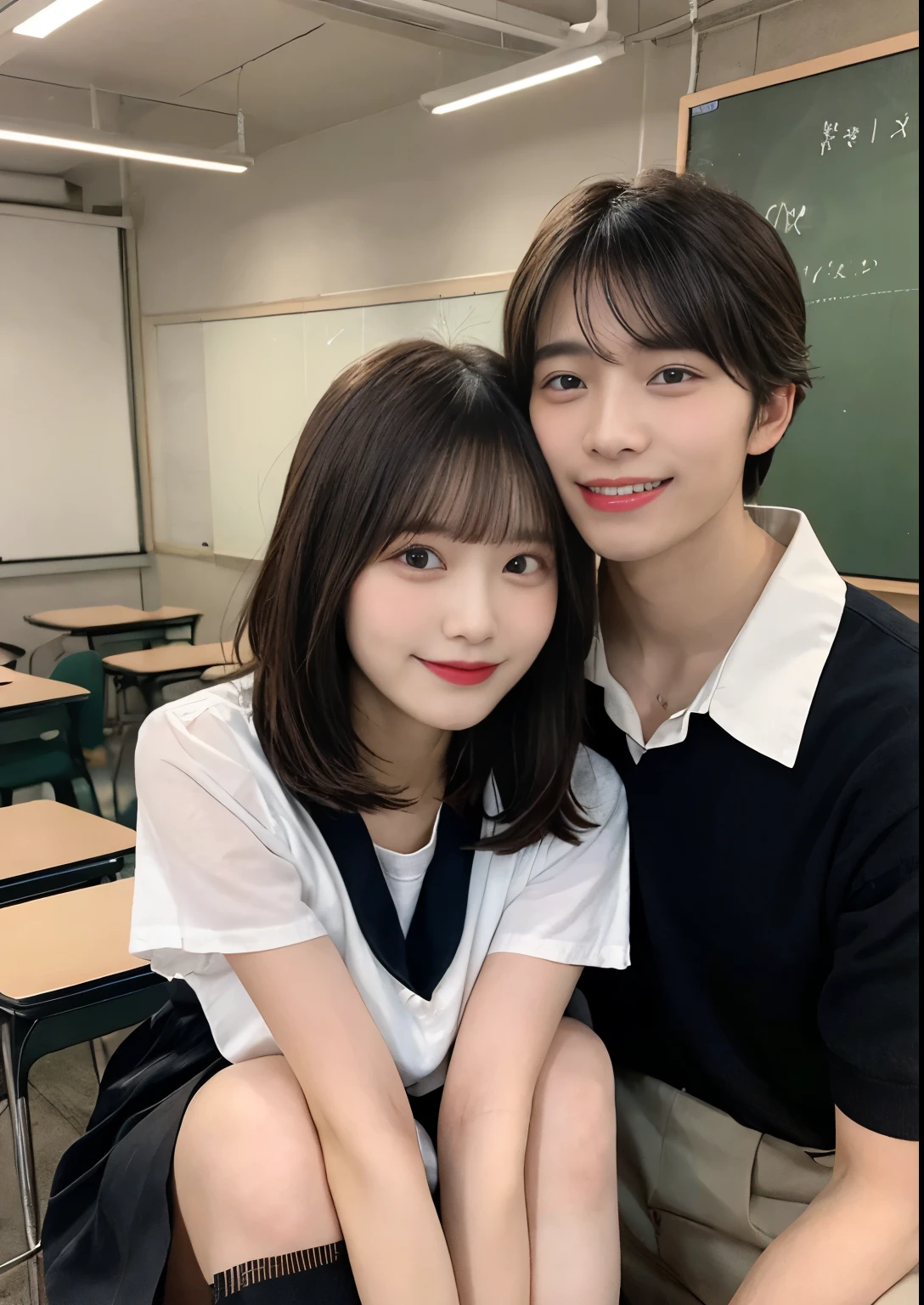 finely, High resolution, high quality、perfect dynamic composition, beautiful and fine eyes, bob layer cut、natural color lip, from below、20-year-old、men and women、couple、Lovers、man and woman embrace each other、Crouching、Schoolの制服、transparent skin、shining hair、classroom、School、beautiful feet、Shake your head、genius genius smile、slight smile、laughter