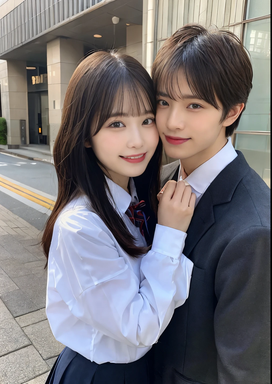 finely, High resolution, high quality、perfect dynamic composition, beautiful and fine eyes, bob layer cut、natural color lip, from below、20-year-old、men and women、couple、Lovers、man and woman embrace each other、Schoolの制服、transparent skin、shining hair、classroom、School、beautiful feet、Shake your head、genius genius smile、slight smile、laughter