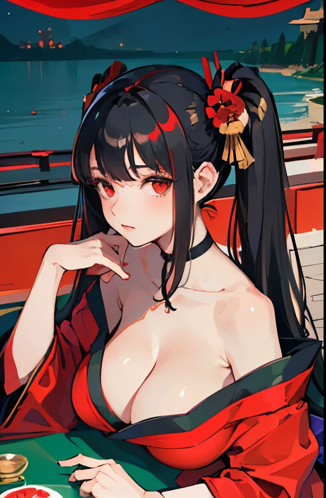 ((masterpiece, best quality)), (1girl), (solo), (female focus), (black hair, long hair, twintail), red eyes,((red kimono, huge breasts, shining breasts)), alluring face, portraits, close up, upper body, japanese town background