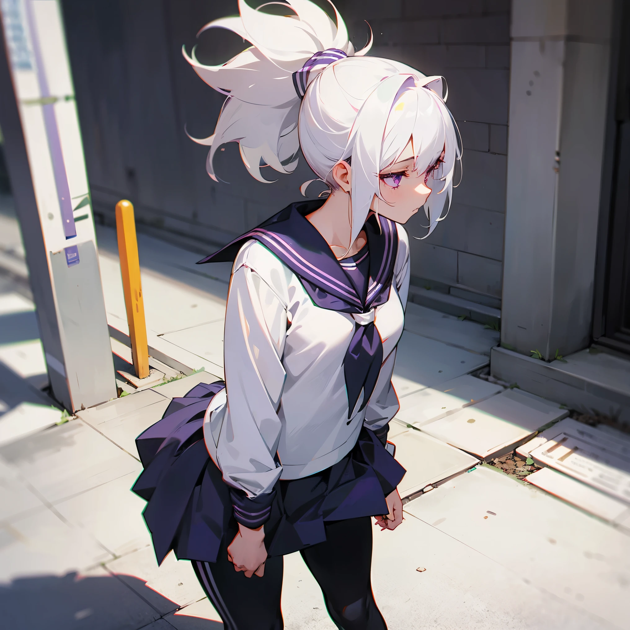 1female , School Girl Outfit , Sailor Outfit, White Hair , Messy Hair , Ponytail , Leggings , Curvy , Blackish Purple Eyes , Standing on sidewalk , Somber Expression