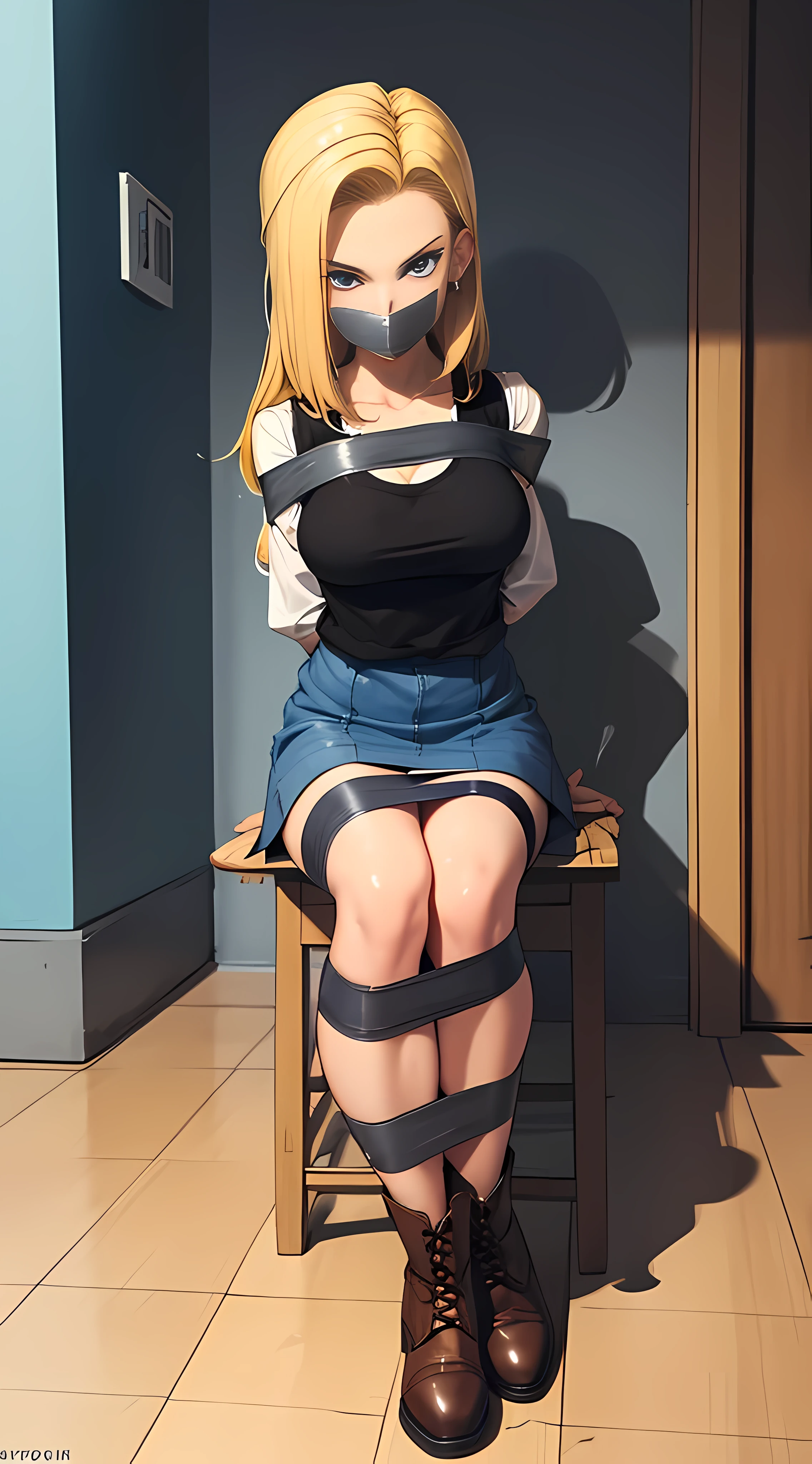 best quality, highres, and18, 1girl, android 18, solo, blonde hair, blue  eyes, long hair, earrings, jewelry, denim vest, open vest, black  pantyhose, black shirt, denim skirt, striped long sleeves, blue skirt,  large breasts, cowboy shot, street, brown boots, gagged, kidnapped, bound, seated on the floor, full body view, tape gag, tape on the mouth, secured, tight knots