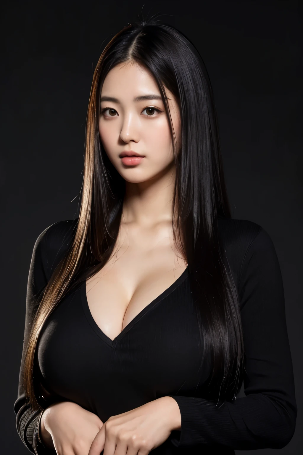 (highest quality,masterpiece :1.3),1 girl,Japanese,huge breasts,valley,long hair,straight hair,black haired,weat,shiny skin,Skin-tight clothing,Enamel clothes,Idol,black background