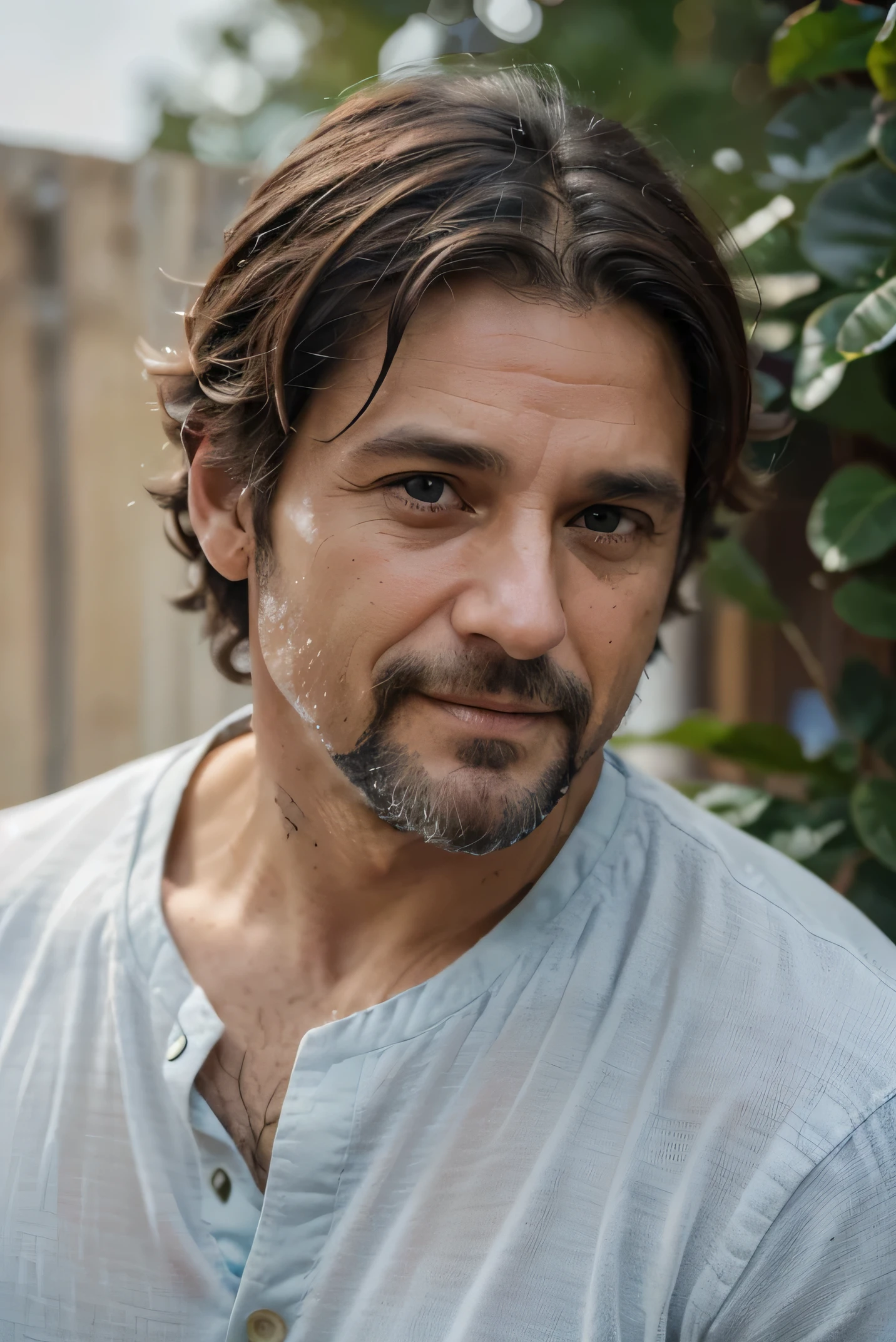 (8k UHD、raw photography、fotorrealista:1.5、Digital SLR Cameras、true-to-life visuals)、(Portrait of a 45 year old American man with messy hair, Canas, barba、psychologist、He directs his gaze towards the camera.、Sonrisa gentil, empathic)、(Piel muy delicada、Detalles de la piel)、(Con camisa azul)、(Fachada、Primer plano de la parte superior del cuerpo)、(Interior de una consulta terapeutica, escritorio blanco, antecedentes cualificaciones profesionales, planta a la izquierda、Plano medio)