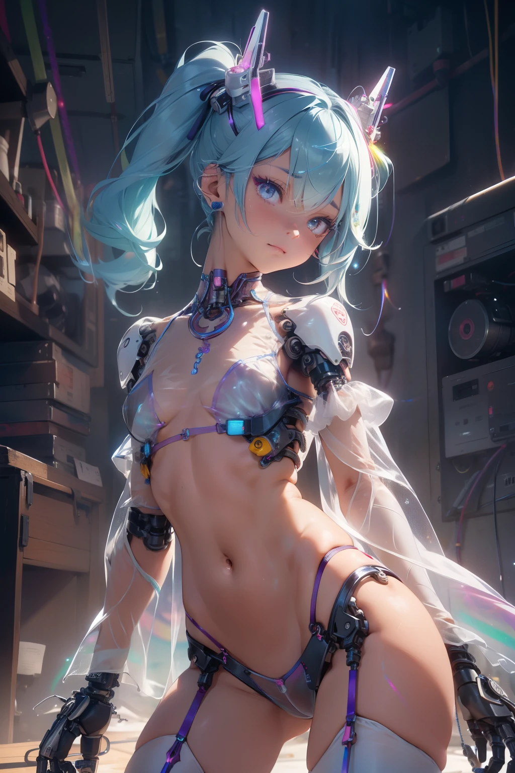(quality)), ((masterpiece)), Recommended results、Puffy nipples、(see through:1.5)、straighten your back、abdominal muscles、huge bust、angle to floor:1.2、low camera angle、Hair loss on crotch,Hatsune Miku,super detailed)), (highly detailed CGillustration), ((extremely delicate and beautiful)),(1Mechanical Girl)),alone,whole body,(Machine made joints:1.2),((mechanical limbs)),(Flashing blood vessel points connected to tubes),(Mechanical vertebrae attached to the back,With flowing glitter.),((Flowing rainbow fixed around neck)),poker face,(wires and cables attaching to neck:1.2),(Rainbow wires and cables on the head:1.2)(Character focus),,Very detailed,colorful,most detailed