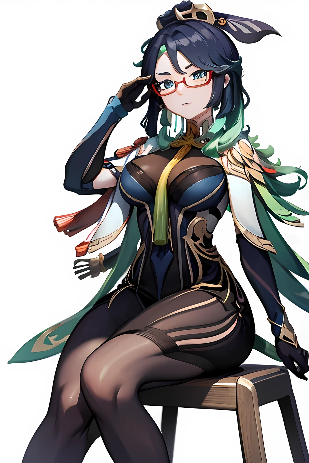 full body, xianyun from genshin impact, wearing red glasses, milf, big breast , sit down in chair, cute  seduvctive experssion, high quality image resolution, blank background