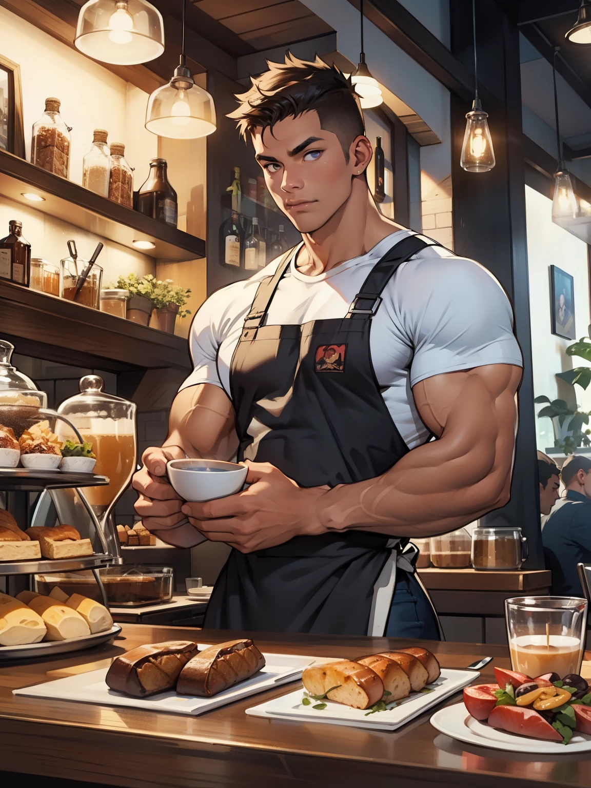 (front angle, symmetrical photo) (highest quality photo), a young male bodybuilder, sexy and cute, muscular!!!, huge muscles, wearing only apron, huge bulge, tanned skin, super shiny skin, detailed eyes, serving coffee, embarrased, (photo angle from below), in a cafe, cozy atmosphere, window, street view, featured on twitter, by @vanillux3