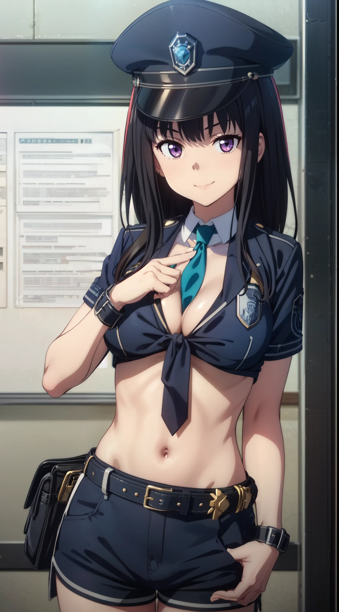 (((pixel perfect, detail perfect))), alone, 1 girl, Chisato Nishikigi, looking at the viewer, smile, Upper body、black police peaked cap, Police, cleavage, Midriffs, white shirt, front-tie top, purple eyes, long hair, Black High-waist shorts, (blue belt:1.2), black fingerless gloves, black boots(,emerald tie),medium beasts,gravure pose,(full body,)