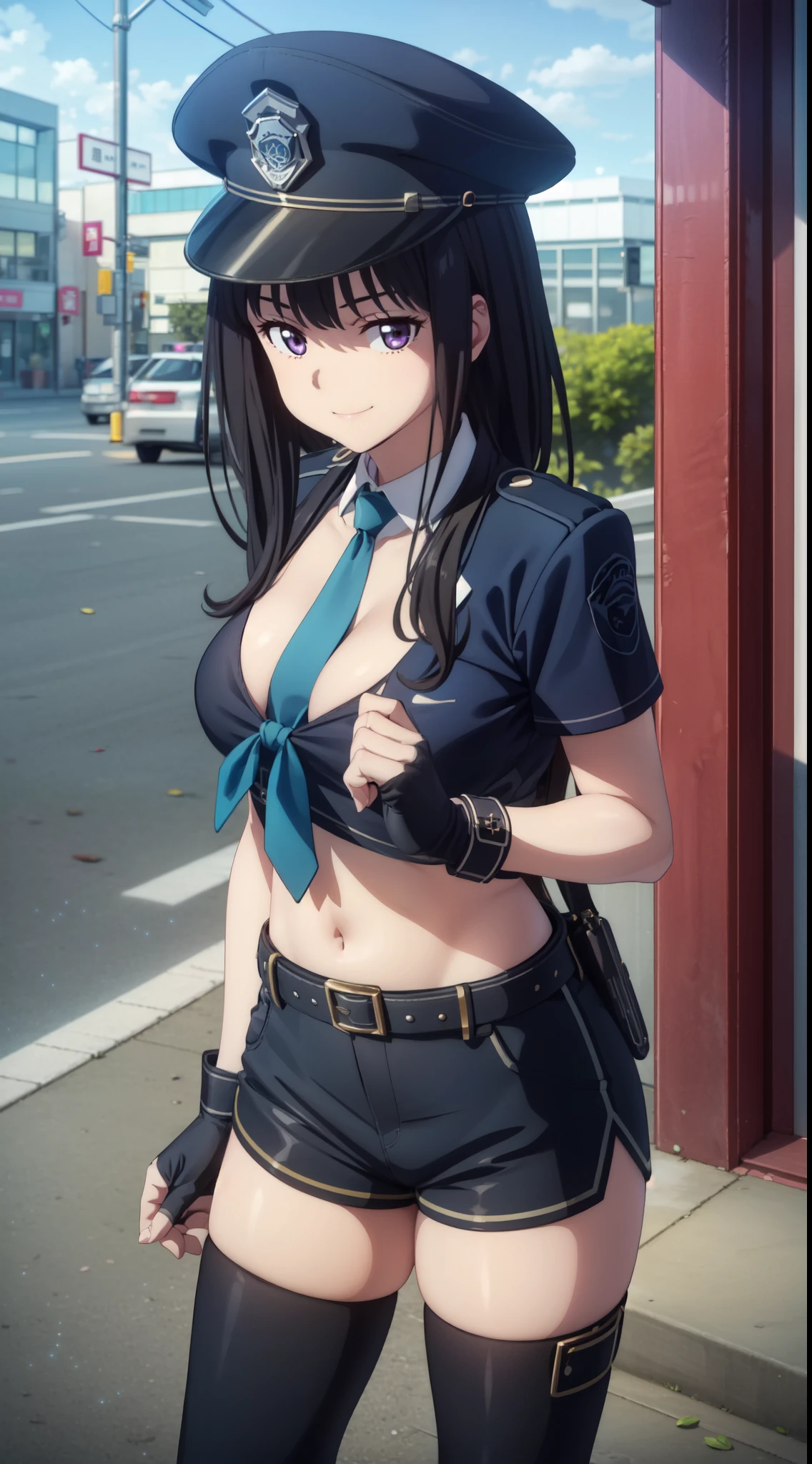 (((pixel perfect, detail perfect))), alone, 1 girl, Chisato Nishikigi, looking at the viewer, smile, Upper body、black police peaked cap, Police, cleavage, Midriffs, white shirt, front-tie top, purple eyes, long hair, Black High-waist shorts, (blue belt:1.2), black fingerless gloves, black boots(,emerald tie),medium beasts,gravure pose,(full body,)