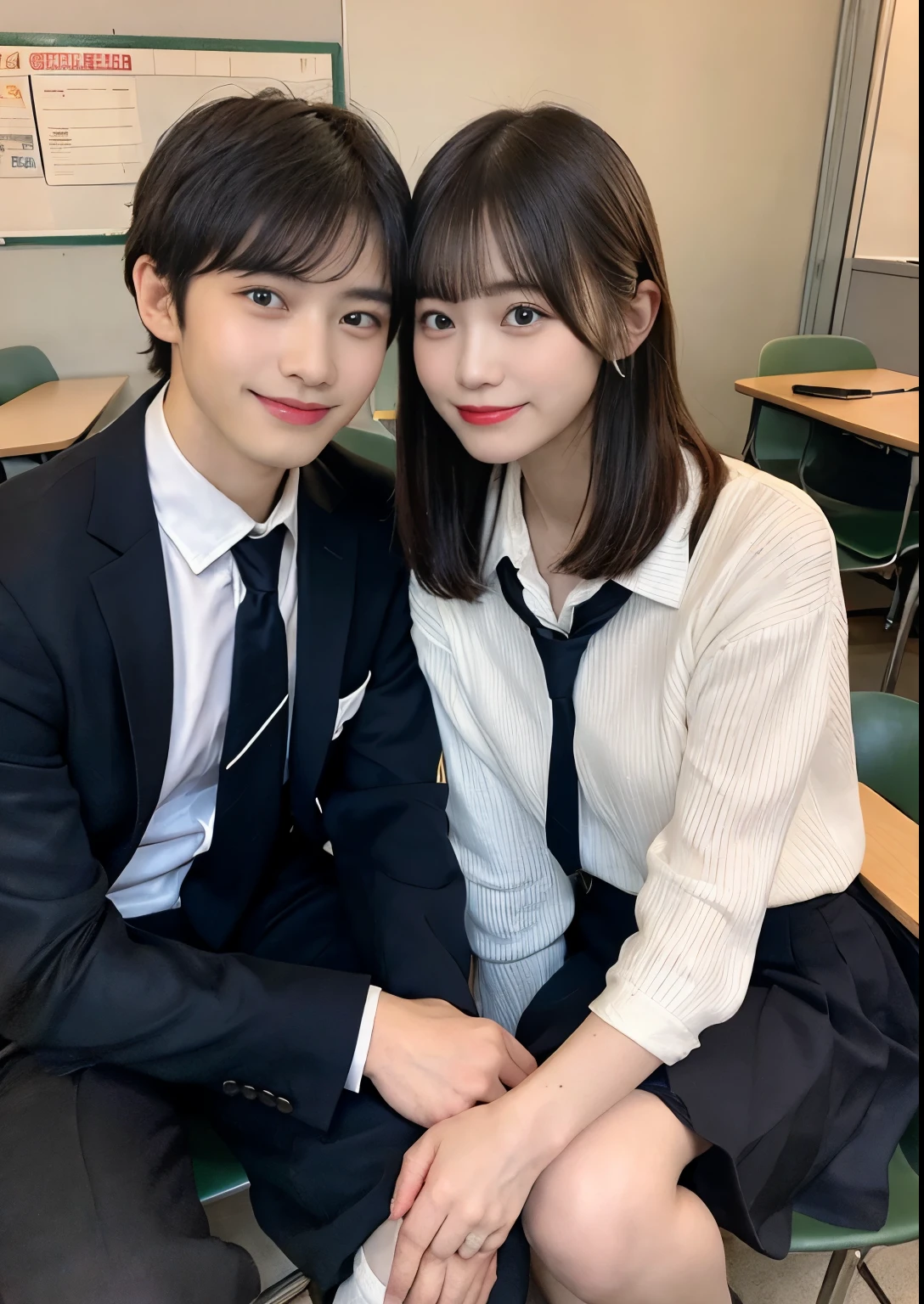 finely, High resolution, high quality、perfect dynamic composition, beautiful and fine eyes, bob layer cut、natural color lip, from below、20-year-old、men and women、couple、Lovers、man and woman embrace each other、Crouching、Schoolの制服、transparent skin、shining hair、classroom、School、beautiful feet、Shake your head、genius genius smile、slight smile、laughter