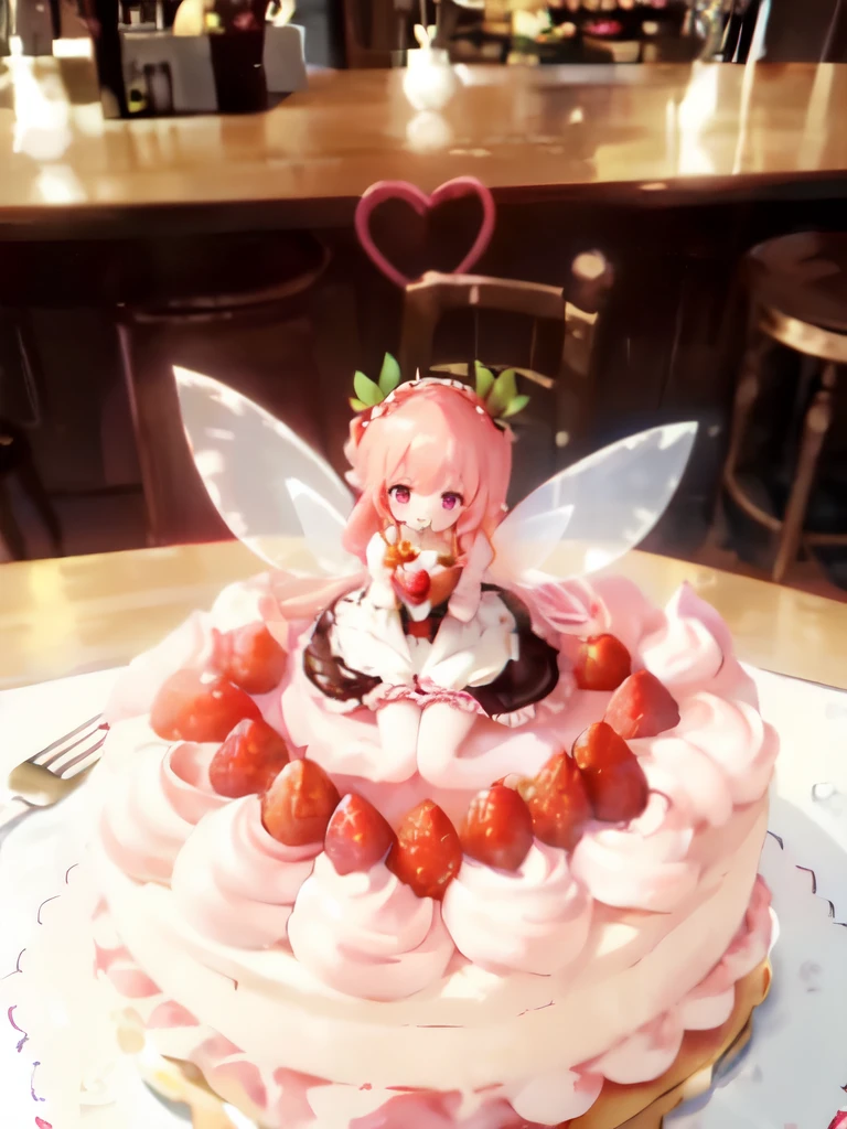 Inside the store, ,highest quality,A masterpiece with detailed writing,16K or 8K,A little fairy is snacking on a big whole cake decorated with strawberries, raspberry, blueberry, Heavy cream, Chocolate on the table at the bottom center of the screen.:1.1)、A small fairy princess about 20cm long - huge white fairy wings with a heart pattern on her back,Light pink medium wavy hair - strawberry hair accessories - lavender eyes - long eyelashes、Blur the background a bit、pointed ears,(A dress with plenty of frills with a strawberry cake motif.)、take care of strawberries、smile、beautiful face、