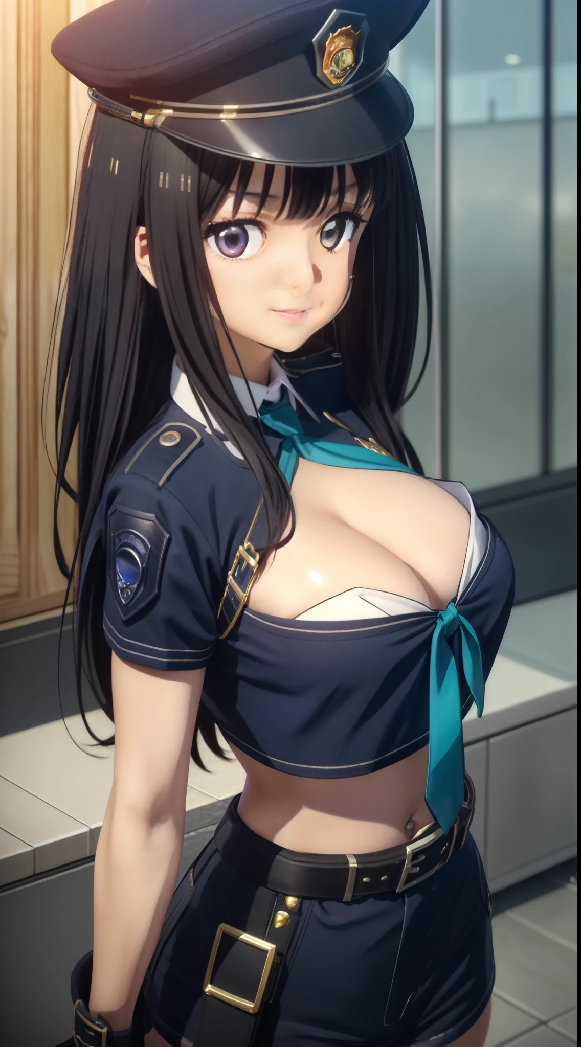 (((pixel perfect, detail perfect))), alone, 1 girl, Chisato Nishikigi, looking at the viewer, smile, Upper body、black police peaked cap, Police, cleavage, Midriffs, white shirt, front-tie top, purple eyes, long hair, Black High-waist shorts, (blue belt:1.2), black fingerless gloves, black boots(,emerald tie),medium beasts,gravure pose,(bust up shot)
