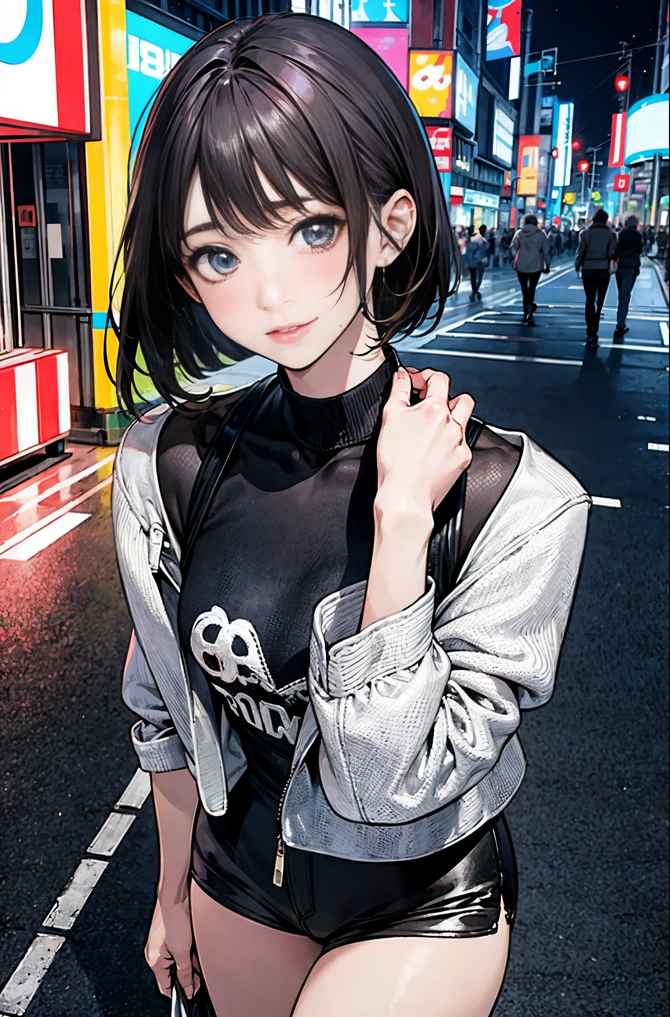 (official art、Best Quality,masterpiece:1.2、Detailed beautiful face and eyes:1.2),cowboy shot,(1woman,solo),20 year old beauty、Japanese、perfect face, beautiful and symmetrical face、beautiful face:1.2、beautiful eyes:1.2、dark brown hair,bob cut hair,ideal ratio body proportions、skinny,slender body,medium breasts,punk fashion、leather jacket、micro shorts、bustling street、outdoor、night、neon、Tokyo、