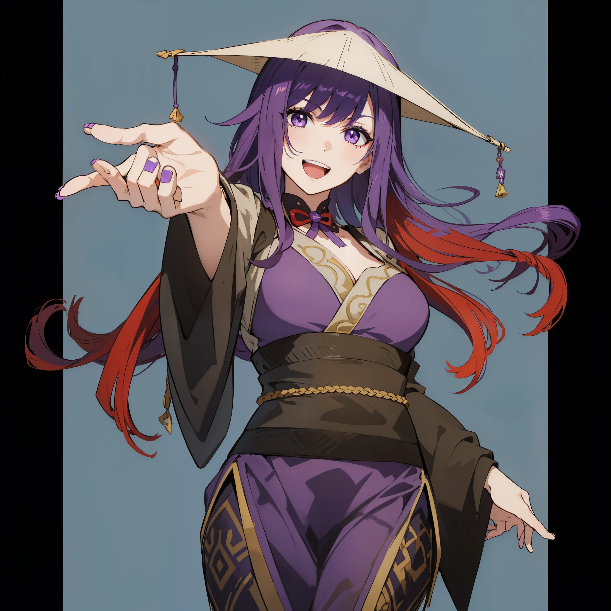 Girl with long purple hair,Beautiful eyes,happy expression,Purple-haired ninja wearing a hat,to grin,Raise your hand,in costume