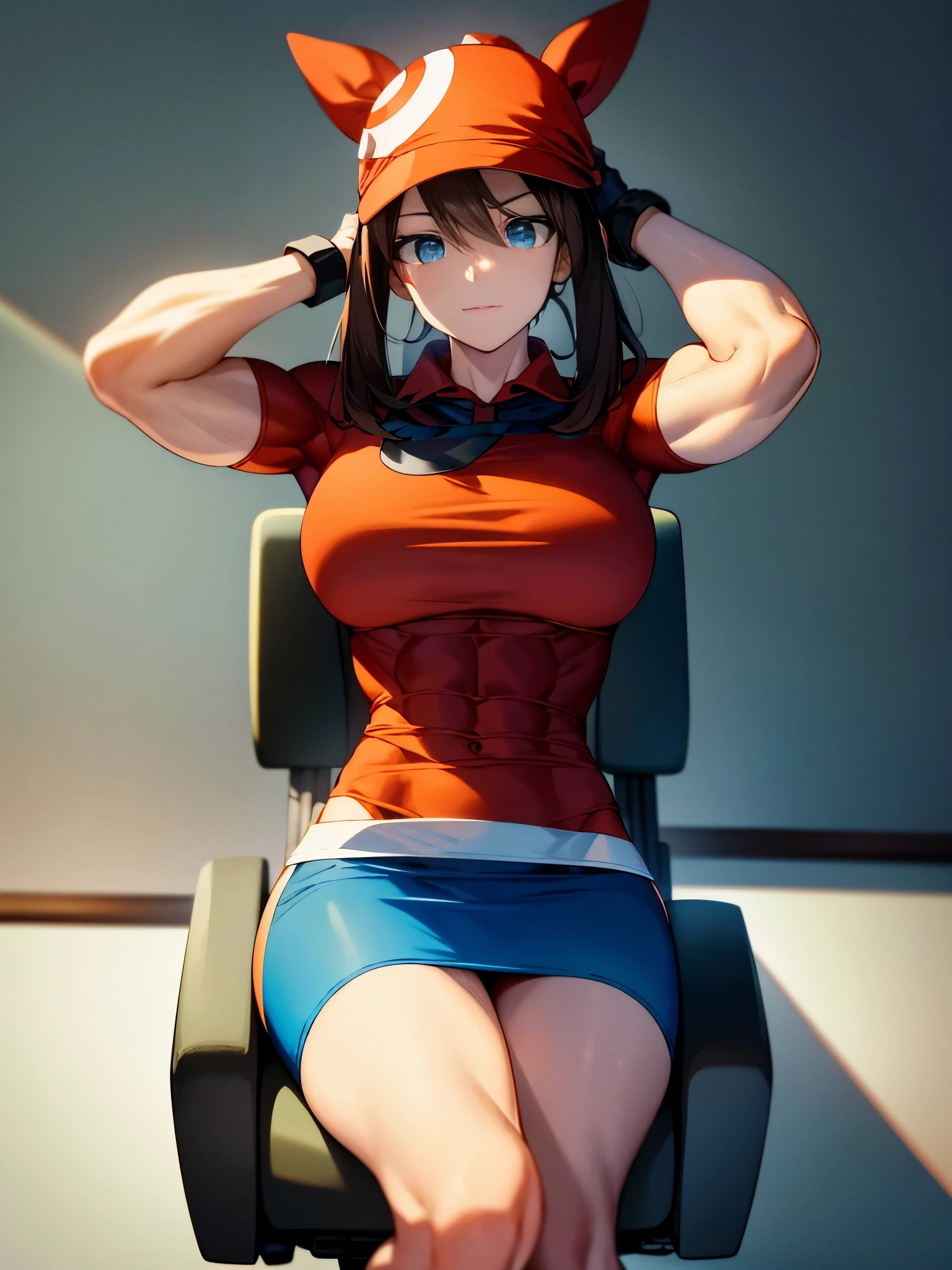 best quality,ultra-detailed,pokemonmay, blue eyes, brown hair, bandana, long hair, red bandana, twintails, hair between eyes, bike shorts, collared shirt, gloves, microskirt, multicolored shirt, pencil skirt, red shirt, shirt, short sleeves, skirt, white skirt,muscular,female,bodybuilder,strong,toned physique,ripped muscles,lean body,fitness enthusiast,empowered,confident,posing on the stage,determined expression,fierce competition,bulging biceps,sweat dripping,veins popping,athletic physique,intense workout sessions,defined abs(best quality,4k,8k,highres,masterpiece:1.2),ultra-detailed,(realistic,photorealistic,photo-realistic:1.37),gaming room background,modern,spacious,with futuristic elements, vibrant colors,neon lighting,high-tech,immersive,full of gaming equipment, multiple monitors,professional game streaming setup,comfortable gaming chair,smart lighting system,large windows, allowing natural light to fill the room,green screen setup for content creation,wall-mounted speakers,high-quality surround sound,sleek and clean design,organized cables and cable management,advanced gaming PCs with powerful processors and graphics cards,latest gaming consoles and handheld devices,virtual reality headset for immersive gaming experience,console controllers,keyboard and mouse,headset with noise cancellation technology,shelves filled with game boxes and collectibles,poster displays featuring favorite video games,professional gaming table,ergonomic setup for prolonged gaming sessions,cooling system to prevent overheating,gaming room snacks and drinks,cup holders and storage compartments,calming background music,dedicated gaming space for multiplayer gaming sessions,cozy gaming corner with a comfortable bean bag,game-inspired artwork on the walls,direct access to a gaming server for online multiplayer gaming,customizable RGB lighting for a personalized gaming atmosphere,ambient lighting that changes according to the game being played,enjoyable and relaxing gaming environment.