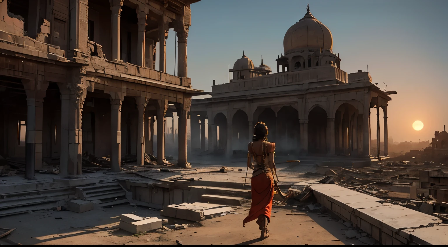 Masterpiece, best quality, 8K resolution, perfect wallpaper, ancient indian city, partly demolished buildings, dust, fire, during sundown, scattered with skeleton bodies, demon sun, arid heat, big palaces, 3rd person view, beautiful, horrific