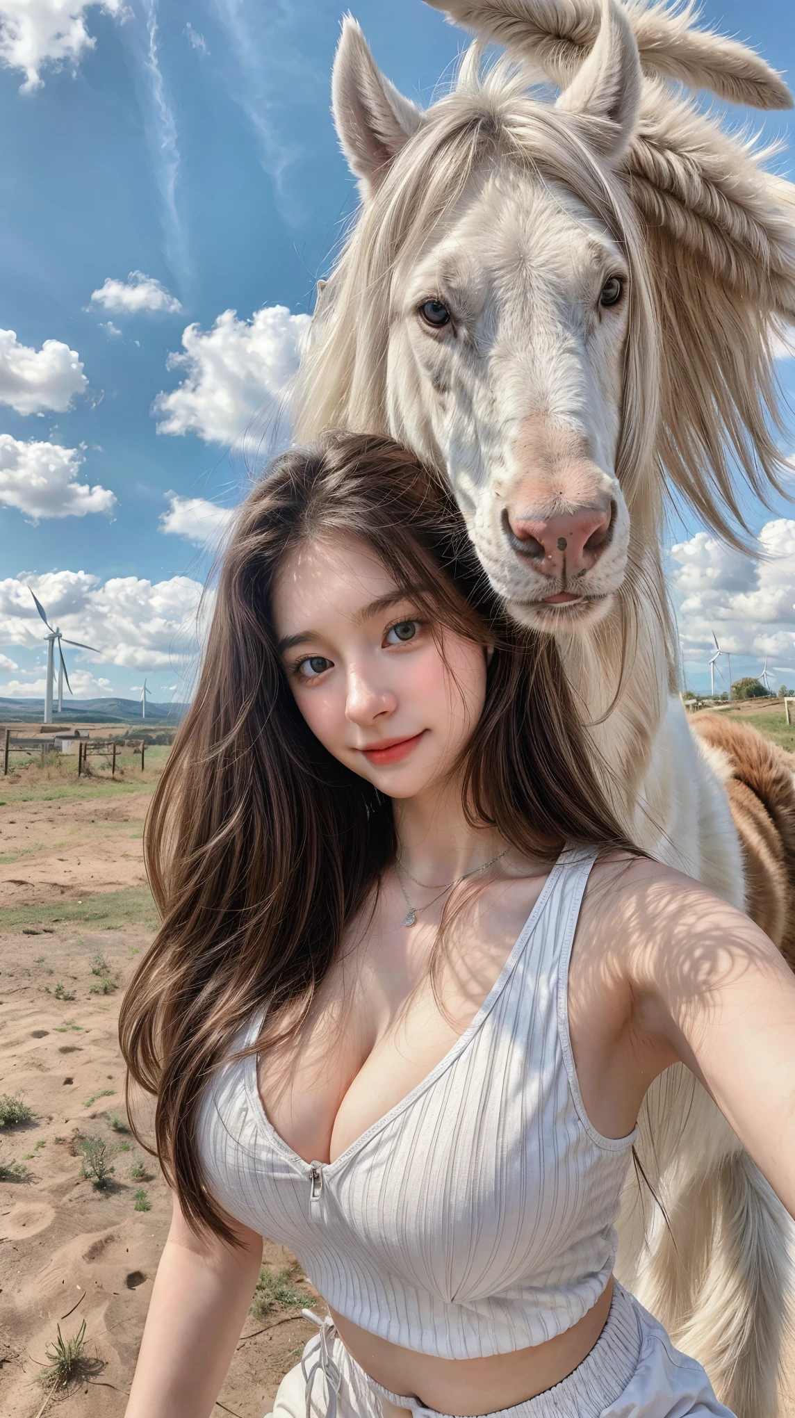1 Girl, Beautiful, , 20 Years Old, White Skin, Colossal Chest, Sleeveless, Cleavage, Animal Handler Outfit, Riding a Beast Animal, Home Outdoor Background, Silver Straight Hair, ((adorable:1.3)), ((masterpiece:1.1)), ((wind:1.3))