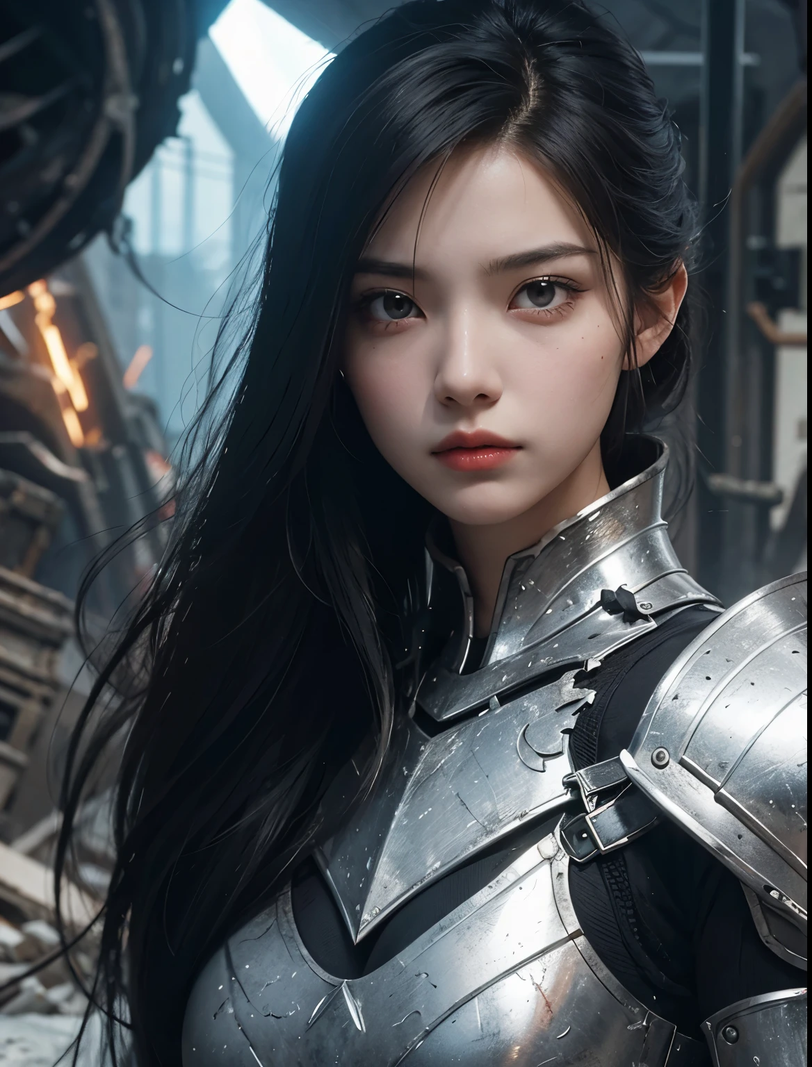 A beautiful woman. Twenty years old. she is staring at the camera with an angry expression. Black hair. long hair. she wears beautiful silver-white armor. She's in a spacious, debris-strewn research facility underground.