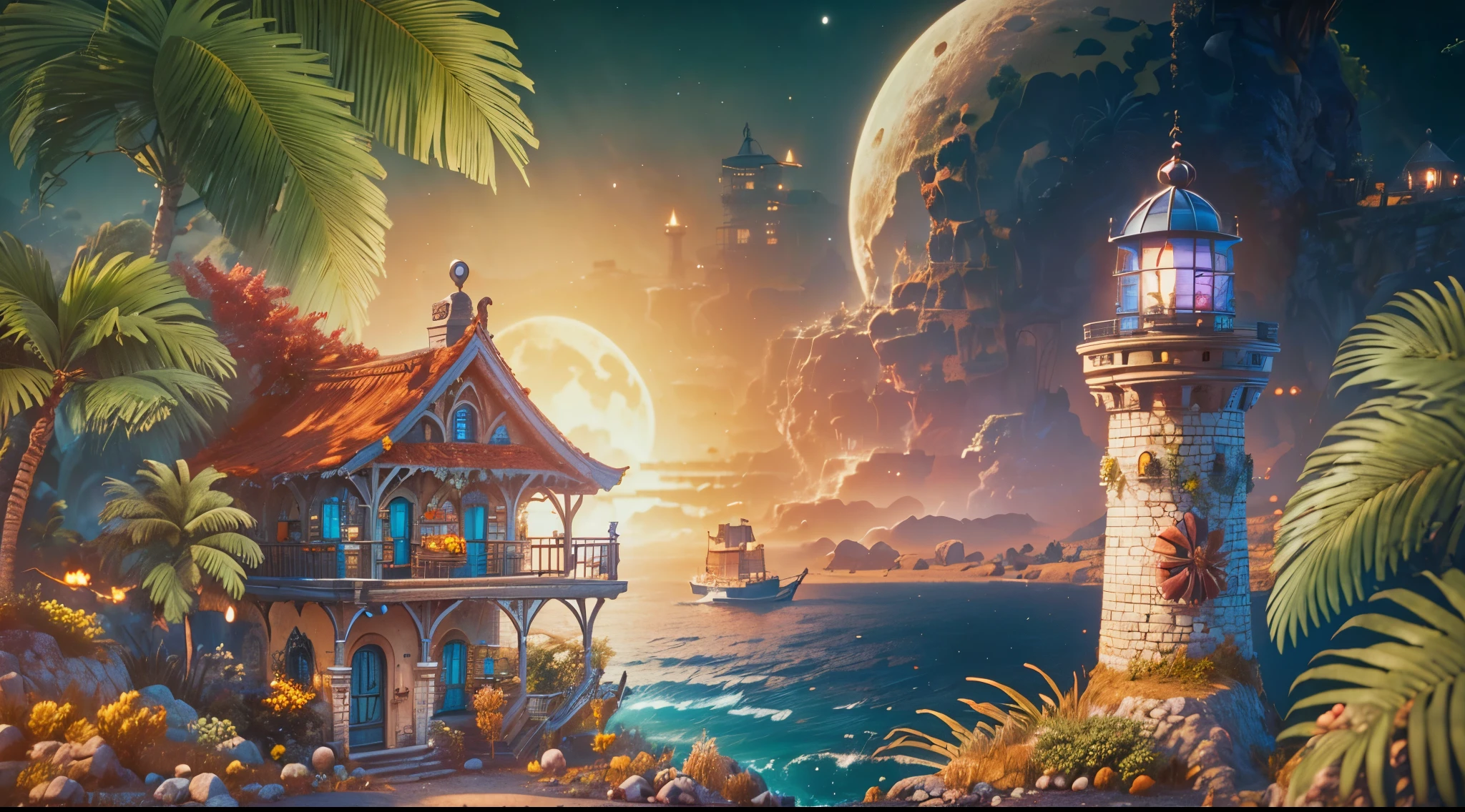 (best quality,4K,8k,high resolution,masterpiece:1.2),no person,moon light,Super detailed,(actual,photoactual,photo-actual:1.37),Coloring book illustration,Ocean Fantasy,watercolor illustration,Luxurious and warm colors,village,house,Palm tree,Huge lighthouse,Highly detailed environment