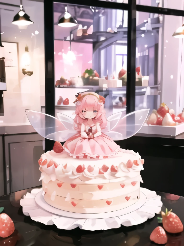 Inside the cafe,highest quality,A masterpiece of detailed writing,16K or 8K,A small fairy is floating above a large whole cake decorated with strawberries, raspberries, blueberries, fresh cream, and chocolate on a table in the bottom center of the screen.:1.1)、Little fairy princess - huge white fairy wings with a heart pattern on the back,Light pink medium wavy hair - strawberry hair accessories - lavender eyes - long eyelashes、Blur the background a bit、pointy ears,(A dress with lots of frills with a strawberry cake motif.)、Holding a strawberry with care、smile、beautiful face、