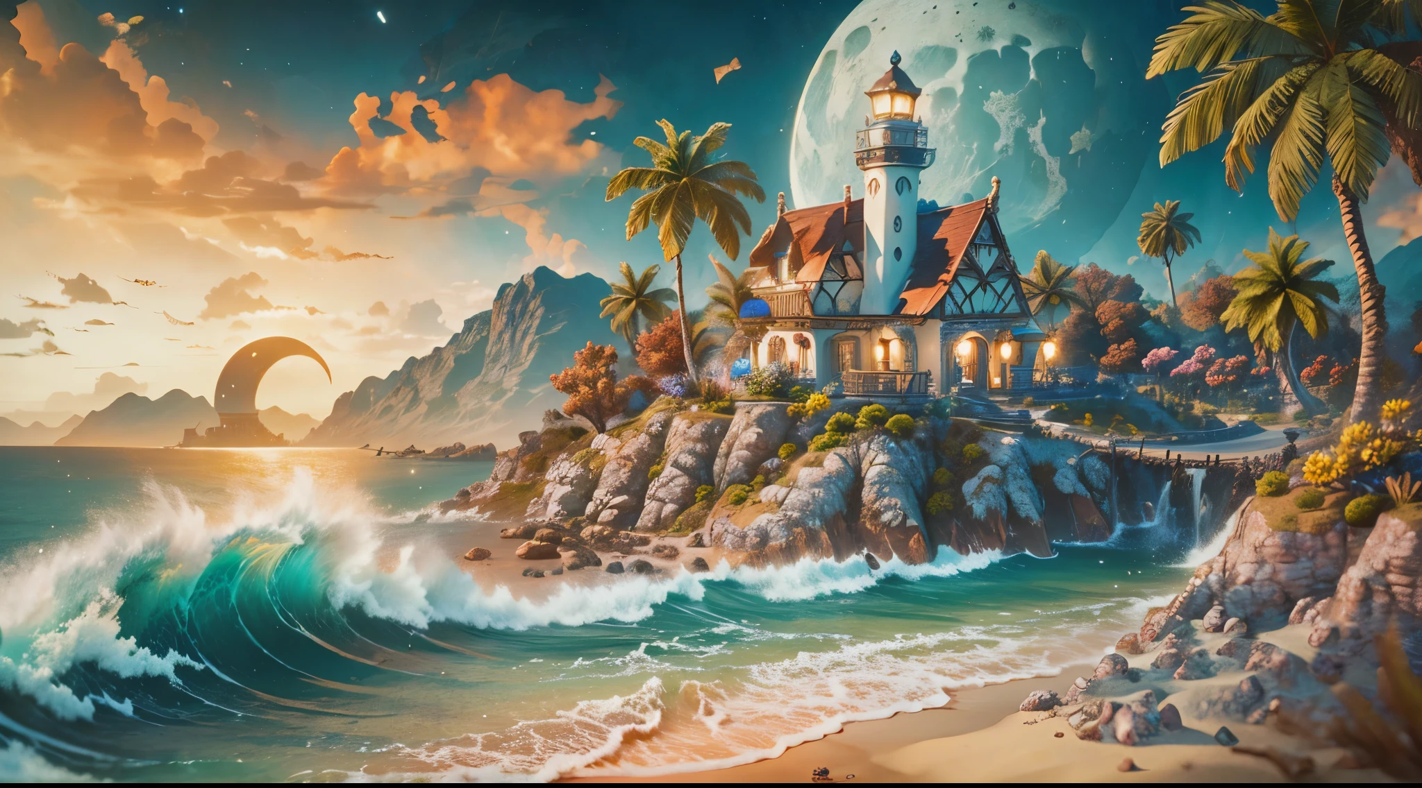 (best quality,4K,8k,high resolution,masterpiece:1.2),no person,moon light,Super detailed,(actual,photoactual,photo-actual:1.37),Coloring book illustration,Ocean Fantasy,watercolor illustration,Luxurious and warm colors,village,house,Palm tree,Huge lighthouse,Highly detailed environment