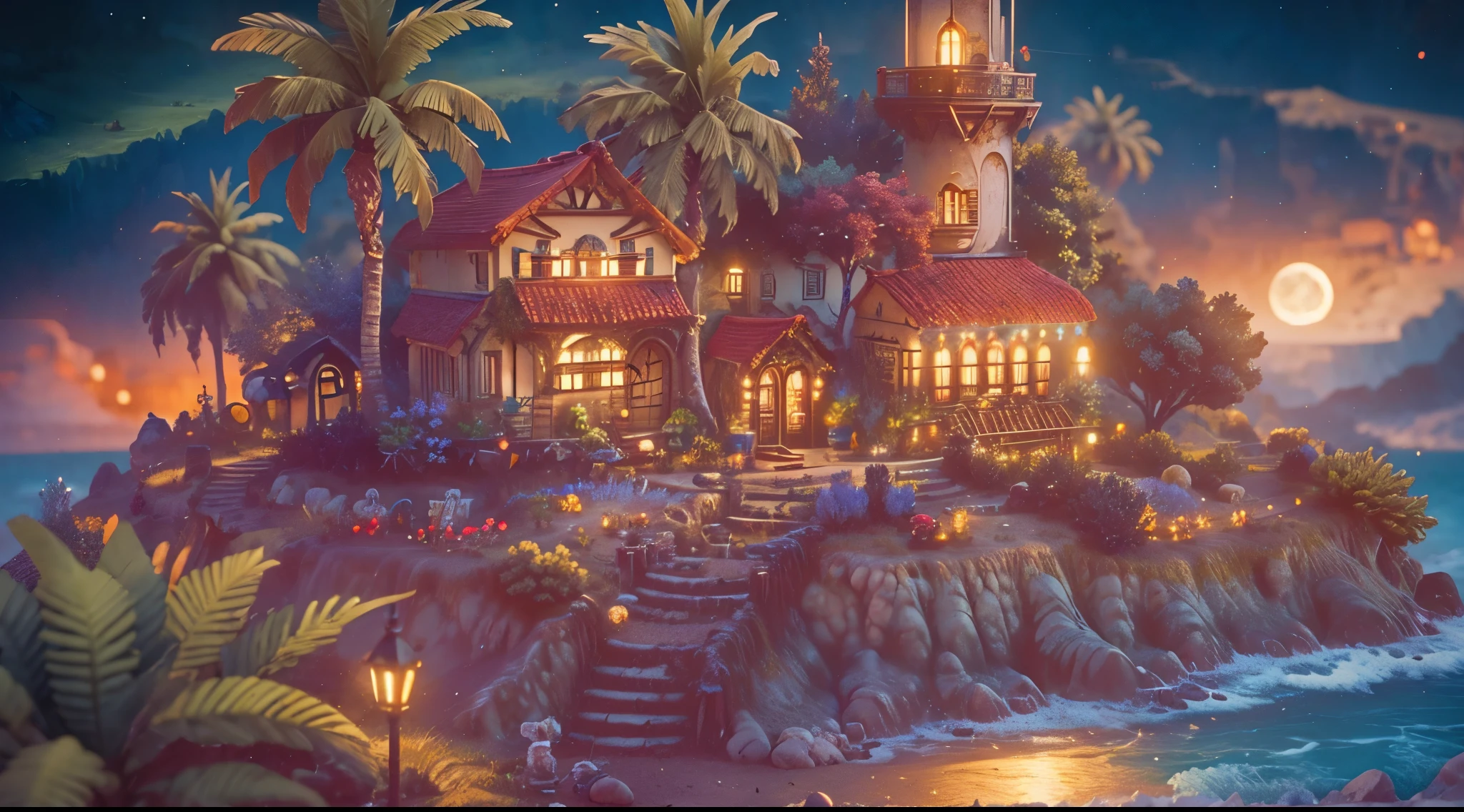 (best quality,4K,8k,high resolution,masterpiece:1.2),no person,moon light,Super detailed,(actual,photoactual,photo-actual:1.37),Coloring book illustration,Ocean Fantasy,watercolor illustration,Luxurious and warm colors,village,house,Palm tree,Huge lighthouse,Highly detailed environment