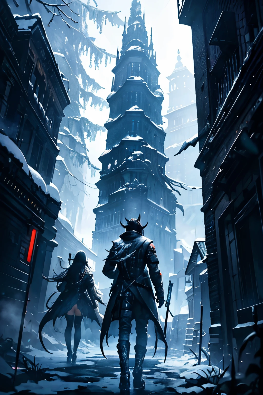 abyss huntsman, male, a young male with long pointy ears, a long black iridescent ponytail with silver tips, tactical vest, abyss eyes, twins abyss horn, standing in the middle of snow forest, tactical assault rifle, cyberpunk, bloodborne