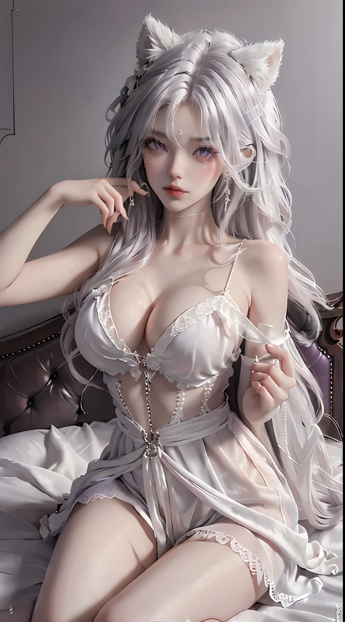White background, 4K, masterpiece, high resolution, ridiculous, bare shoulders, Bare thighs, fur , woman wearing lace nightgown, Kneel on the bed, spread legs , Light purple wavy hair, lust, Horny eyes, Shy, Shy look, Tempting, sexy pose, Very big , Super detailed face