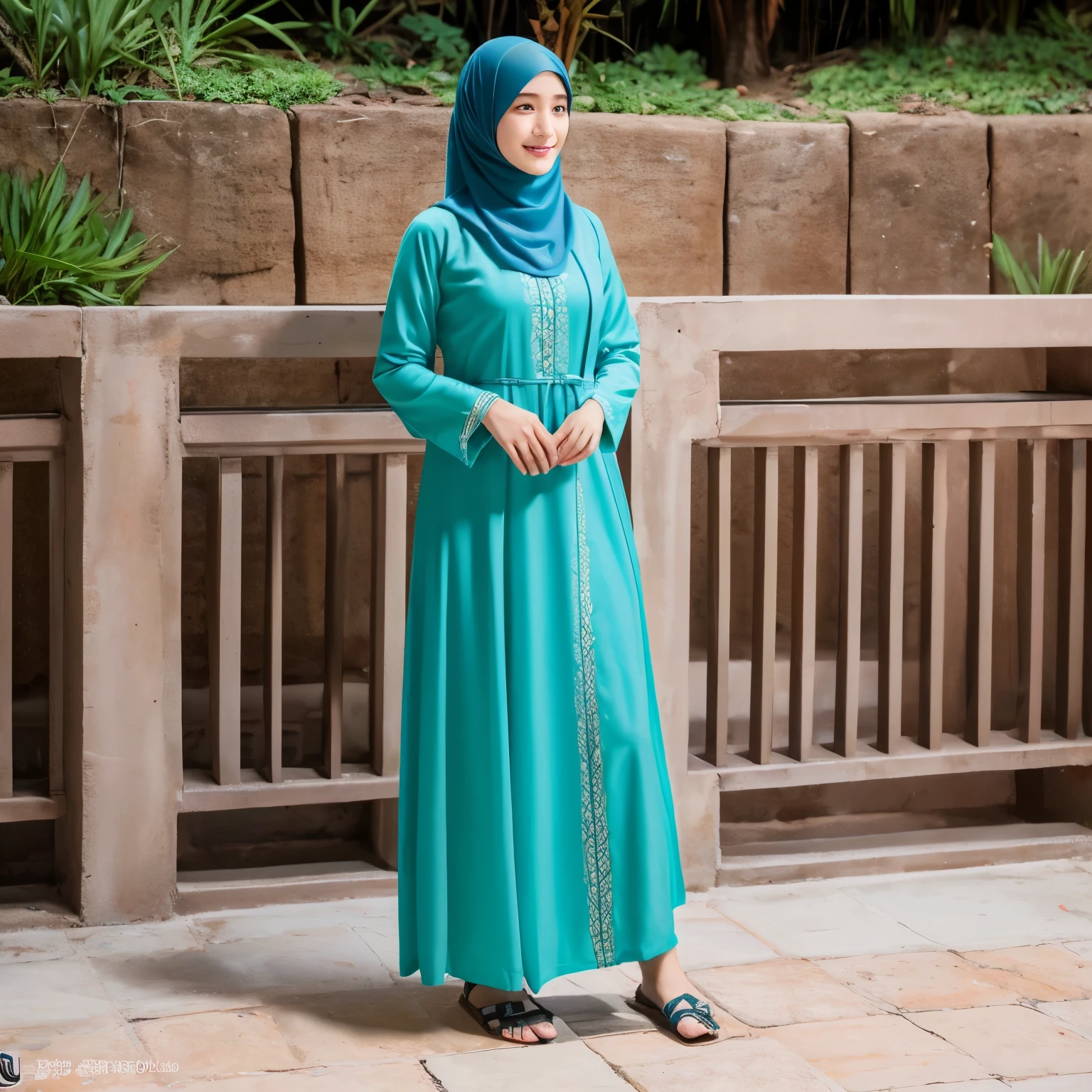 Seorang wanita berjilbab body padat memakai gamis terkini , berdiri di pinggir kolam berfose ke kamera .