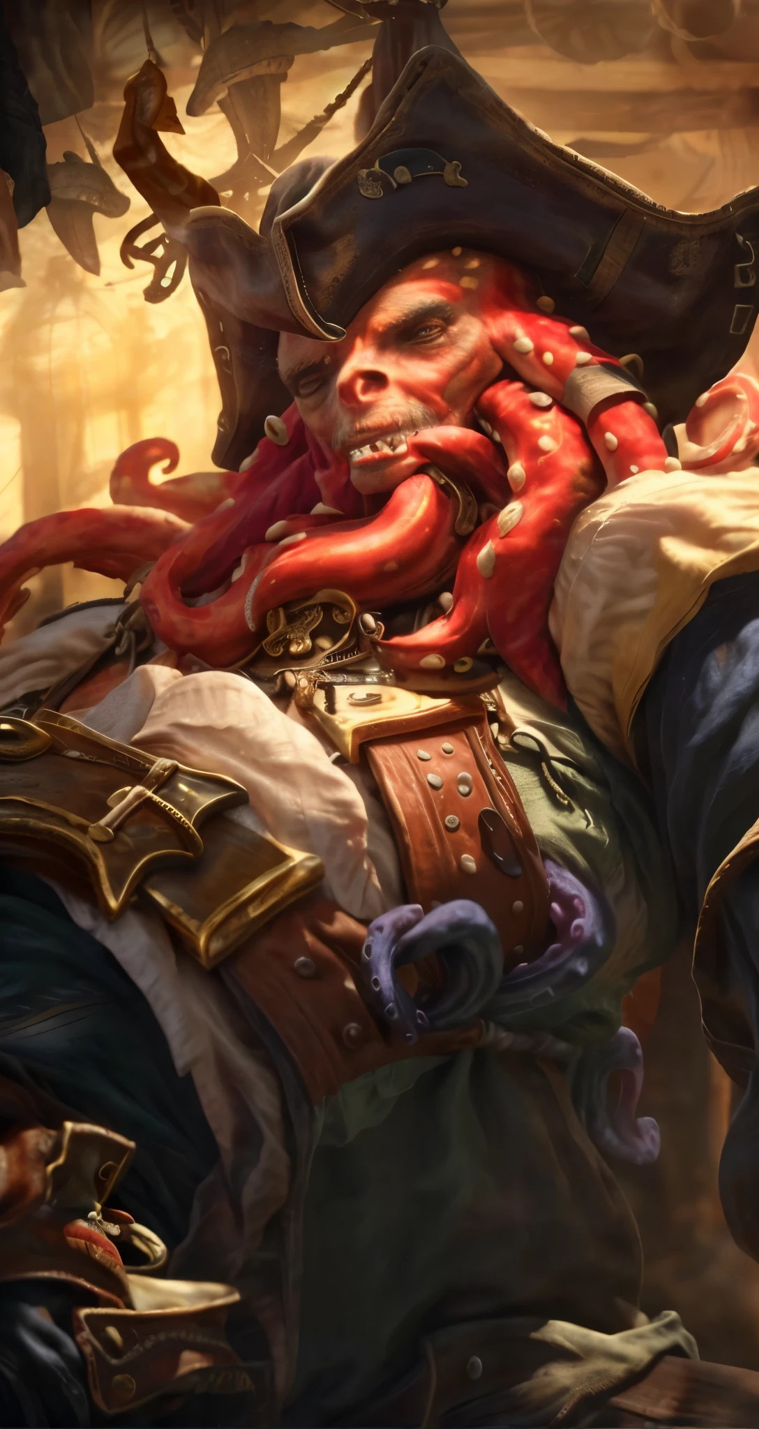 Real life adaption of this character, Headed by an octopus monster, wearing realistic pirate clothing, pirate hat, realistic light, realistic shadow, realism, hyper realistic, (photorealistic 1:2)