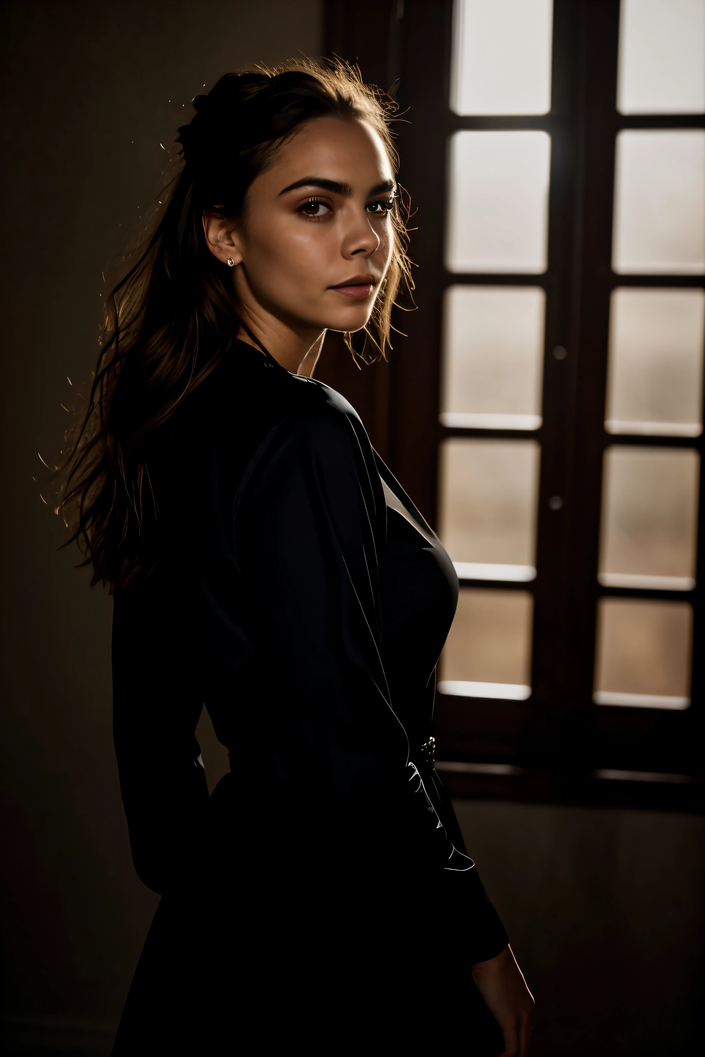 foto cruda, Portrait photo of beautiful face of beautiful 26 years..oh mujer, Cara linda, vistiendo un vestido negro, cara feliz, sombras duras, cinematic shot, dramatic lighting
