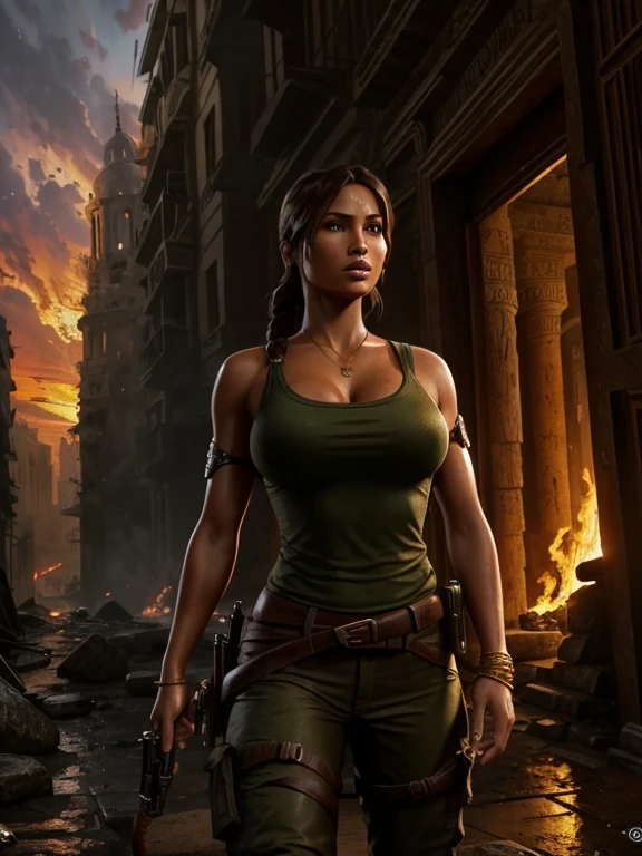(a beautiful detailed illustration of) a sexy busty Malaysian Lara Croft wearing a hijab and a sexy explorer outfit, investigating an ancient Gold City at sunset, with a panoramic view of the city in the background. The city is adorned with intricate gold architecture, towering buildings, and winding streets. The setting sun casts a warm golden glow over the scene, creating a mesmerizing atmosphere. The focus is on Lara Croft, showing her from head to toe. She has captivating eyes that are sharp and filled with determination. Her lips are perfectly defined, adding a touch of sensuality to her appearance. Her face is flawlessly detailed, with every contour and expression expertly rendered. Her eyes are accentuated with long eyelashes that flutter with every movement. Lara Croft is wearing a hijab, symbolizing her cultural heritage and adding a unique element to her character. Her explorer outfit is fashionable and functional, consisting of a form-fitting top, cargo pants with plenty of pockets, and sturdy boots suitable for rugged terrains. As Lara explores the ancient Gold City, she encounters giant snakes slithering through the ruins. These serpents are magnificent in size, winding their way through the crumbling structures, adding an element of danger and adventure to the scene. Their scales are depicted with incredible detail, shimmering in various shades of gold and copper in the sunset light. The overall image quality is of the highest standard, with ultra-detailed artwork that captures every intricate detail of Lara, the Gold City, and the giant snakes. The rendering is photorealistic, bringing the scene to life with vivid colors and a sharp focus. The lighting is designed to create a dramatic atmosphere, showcasing the beauty and mystery of Lara's exploration.