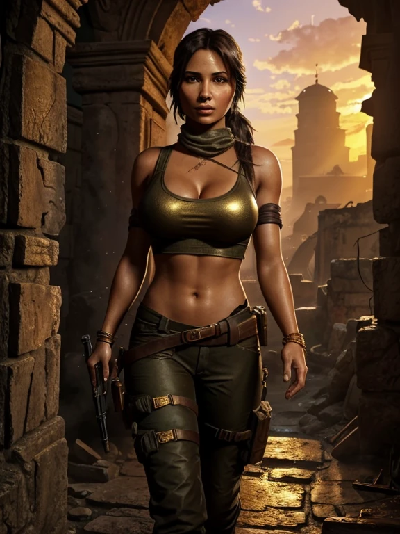 (a beautiful detailed illustration of) a sexy busty Malaysian Lara Croft wearing a hijab and a sexy explorer outfit, investigating an ancient Gold City at sunset, with a panoramic view of the city in the background. The city is adorned with intricate gold architecture, towering buildings, and winding streets. The setting sun casts a warm golden glow over the scene, creating a mesmerizing atmosphere. The focus is on Lara Croft, showing her from head to toe. She has captivating eyes that are sharp and filled with determination. Her lips are perfectly defined, adding a touch of sensuality to her appearance. Her face is flawlessly detailed, with every contour and expression expertly rendered. Her eyes are accentuated with long eyelashes that flutter with every movement. Lara Croft is wearing a hijab, symbolizing her cultural heritage and adding a unique element to her character. Her explorer outfit is fashionable and functional, consisting of a form-fitting top, cargo pants with plenty of pockets, and sturdy boots suitable for rugged terrains. As Lara explores the ancient Gold City, she encounters giant snakes slithering through the ruins. These serpents are magnificent in size, winding their way through the crumbling structures, adding an element of danger and adventure to the scene. Their scales are depicted with incredible detail, shimmering in various shades of gold and copper in the sunset light. The overall image quality is of the highest standard, with ultra-detailed artwork that captures every intricate detail of Lara, the Gold City, and the giant snakes. The rendering is photorealistic, bringing the scene to life with vivid colors and a sharp focus. The lighting is designed to create a dramatic atmosphere, showcasing the beauty and mystery of Lara's exploration.