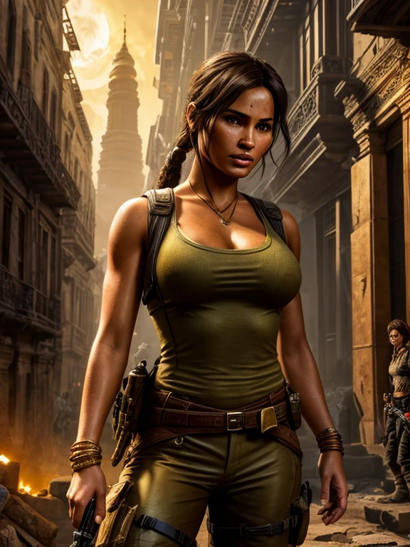 (a beautiful detailed illustration of) a sexy busty Malaysian Lara Croft wearing a hijab and a sexy explorer outfit, investigating an ancient Gold City at sunset, with a panoramic view of the city in the background. The city is adorned with intricate gold architecture, towering buildings, and winding streets. The setting sun casts a warm golden glow over the scene, creating a mesmerizing atmosphere. The focus is on Lara Croft, showing her from head to toe. She has captivating eyes that are sharp and filled with determination. Her lips are perfectly defined, adding a touch of sensuality to her appearance. Her face is flawlessly detailed, with every contour and expression expertly rendered. Her eyes are accentuated with long eyelashes that flutter with every movement. Lara Croft is wearing a hijab, symbolizing her cultural heritage and adding a unique element to her character. Her explorer outfit is fashionable and functional, consisting of a form-fitting top, cargo pants with plenty of pockets, and sturdy boots suitable for rugged terrains. As Lara explores the ancient Gold City, she encounters giant snakes slithering through the ruins. These serpents are magnificent in size, winding their way through the crumbling structures, adding an element of danger and adventure to the scene. Their scales are depicted with incredible detail, shimmering in various shades of gold and copper in the sunset light. The overall image quality is of the highest standard, with ultra-detailed artwork that captures every intricate detail of Lara, the Gold City, and the giant snakes. The rendering is photorealistic, bringing the scene to life with vivid colors and a sharp focus. The lighting is designed to create a dramatic atmosphere, showcasing the beauty and mystery of Lara's exploration.