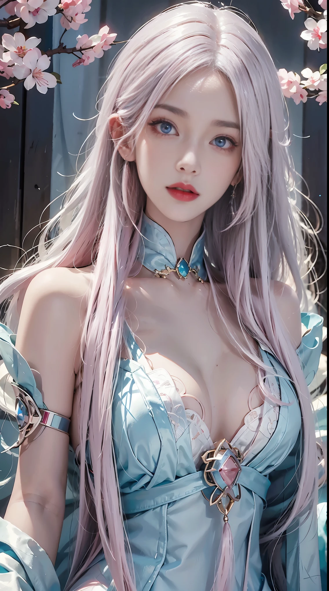 realistically, high resolution, 1 woman, shiny skin, alone, Tattoos are, jewelry, red pink lips, long white hair, blue eyes, Sakura NS