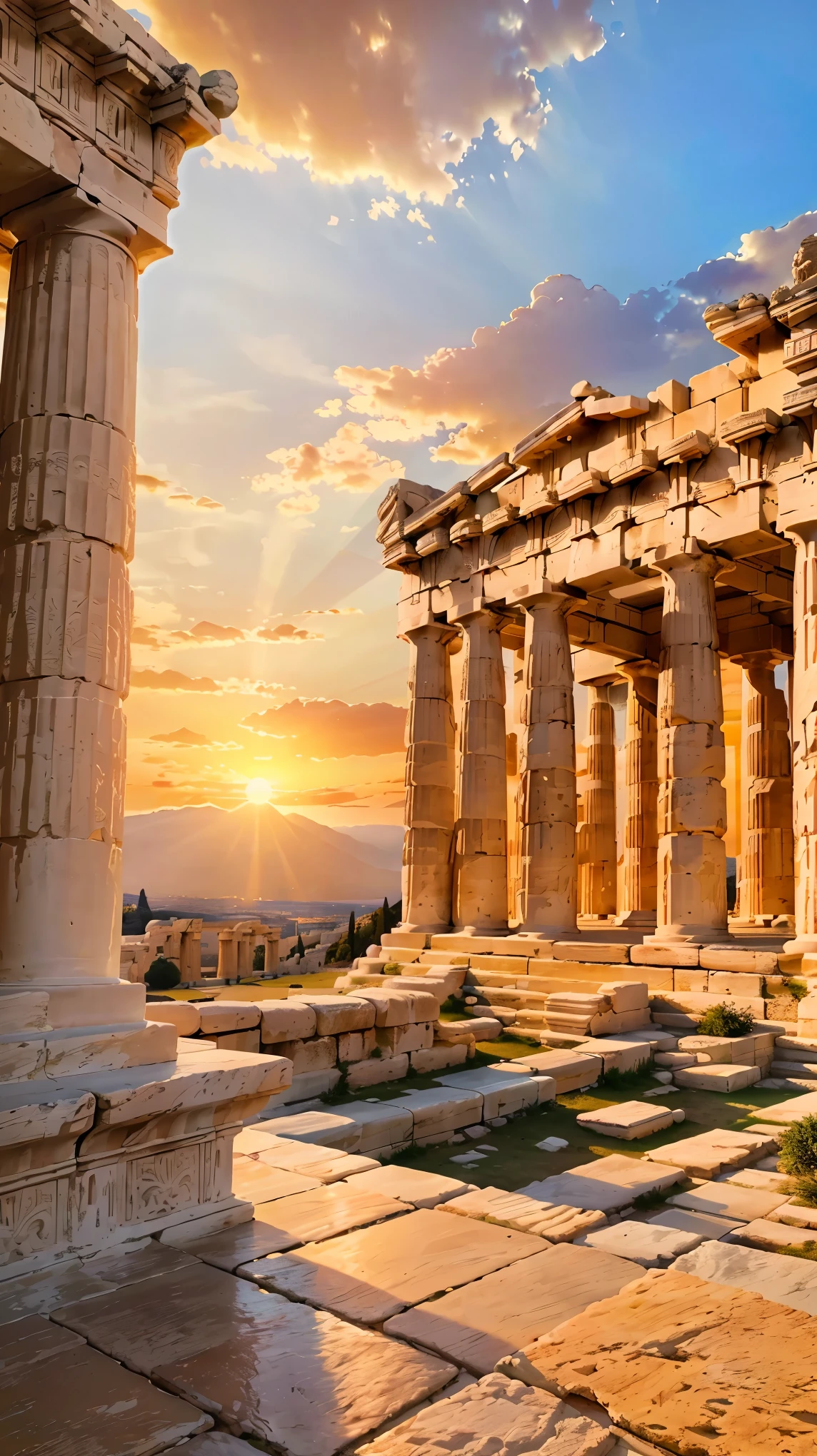 (8K, RAW photo, highest quality, masterpiece:1.2), High-definition RAW color photo, Professional photography, cinematic light, Super detailed, (photorealistic:1.37), ancient city, Sunset over the Acropolis of Athens, (golden hour lighting, beautiful detailed clouds, Views of remarkable ancient Greek architecture, Landscape painting, Bright colors, soft and warm tones, Impressive silhouette of the Parthenon against the sky, sense of distance, Calm and peaceful atmosphere, solemn atmosphere, Sunset sky, 