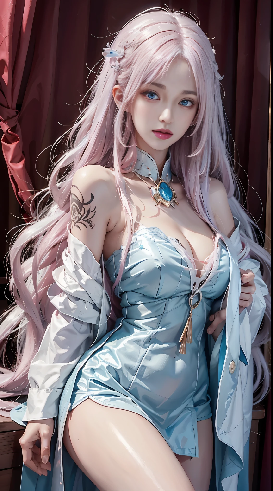 realistically, high resolution, 1 woman, shiny skin, alone, Tattoos are, jewelry, red pink lips, long white hair, blue eyes, Sakura NS
