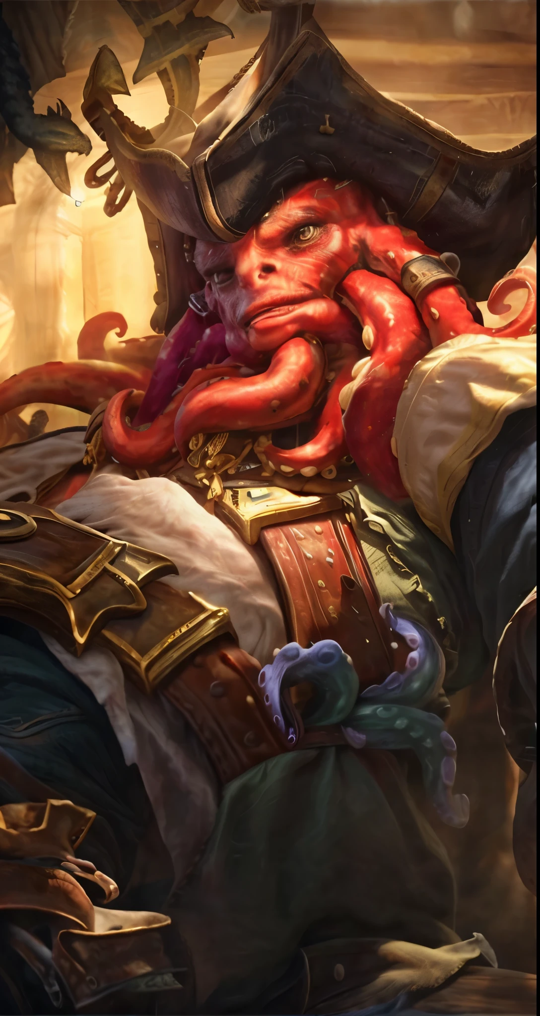 Real life adaption of this character, Headed by an octopus monster, wearing realistic pirate clothing, pirate hat, realistic light, realistic shadow, realism, hyper realistic, (photorealistic 1:2)