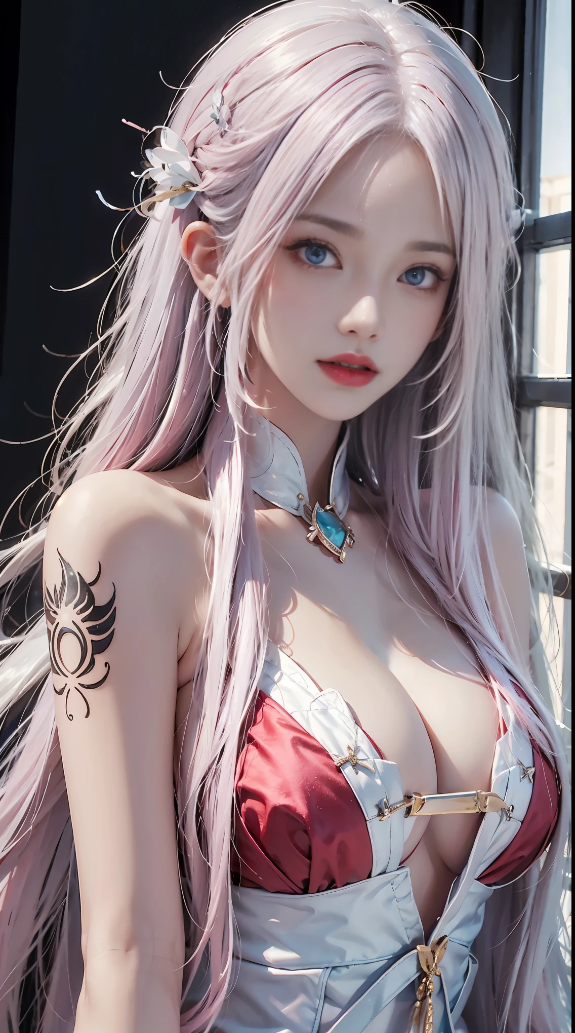 realistically, high resolution, 1 woman, shiny skin, alone, Tattoos are, jewelry, red pink lips, long white hair, blue eyes, Sakura NS