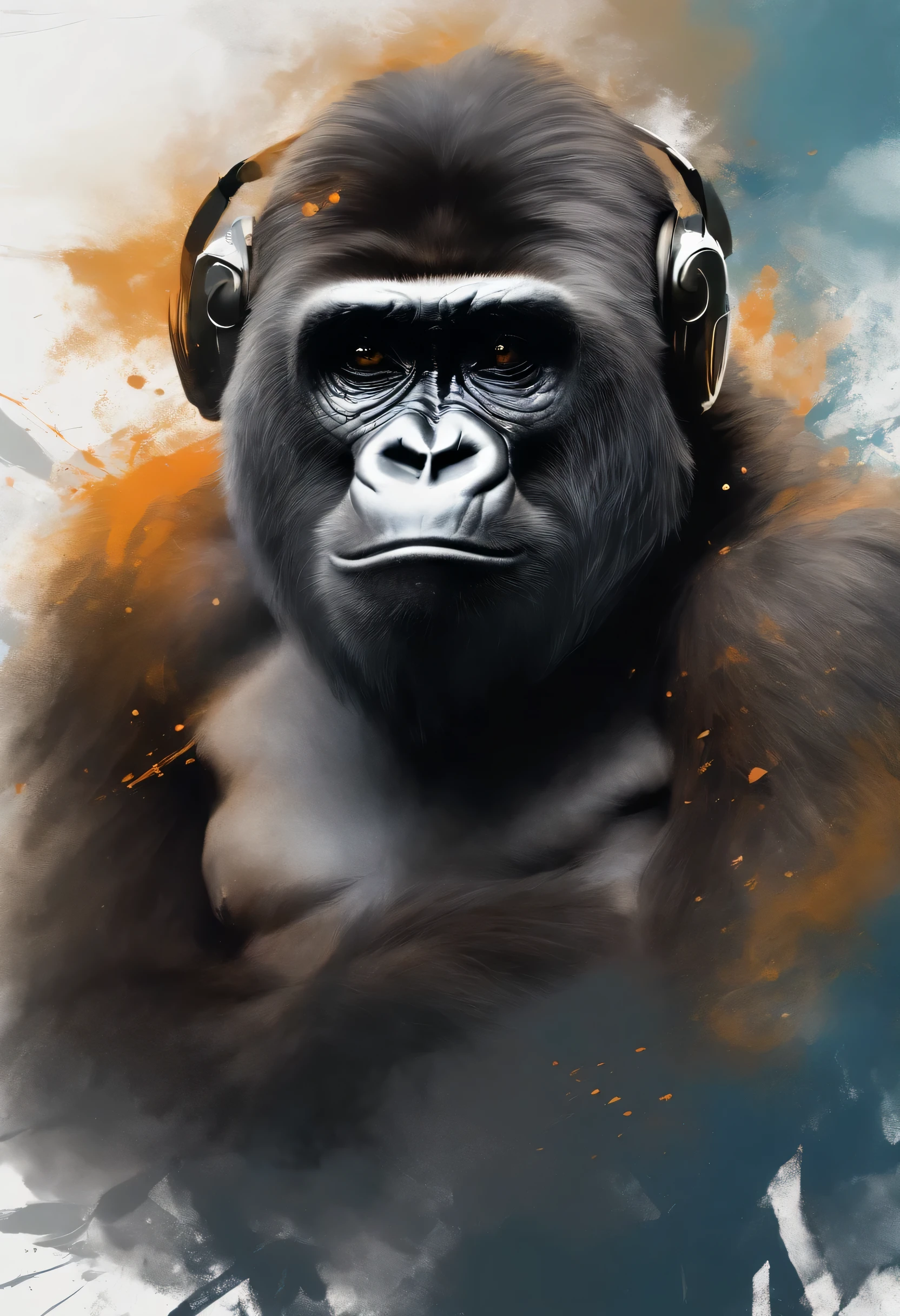 Centrado perfecto, a cute little gorilla, Use una chaqueta del equipo estudiantil, usando gafas de sol, Usando auriculares, happiness, standing position, belleza abstracta, centrado, mirando a la camara, in front of the camera, nearing perfection, dynamic, muy detallado, liso, Sharp focus, 8k, High definition resolution, illustration, arte de Carne Griffiths y Wadim Kashin, Fondo blanco