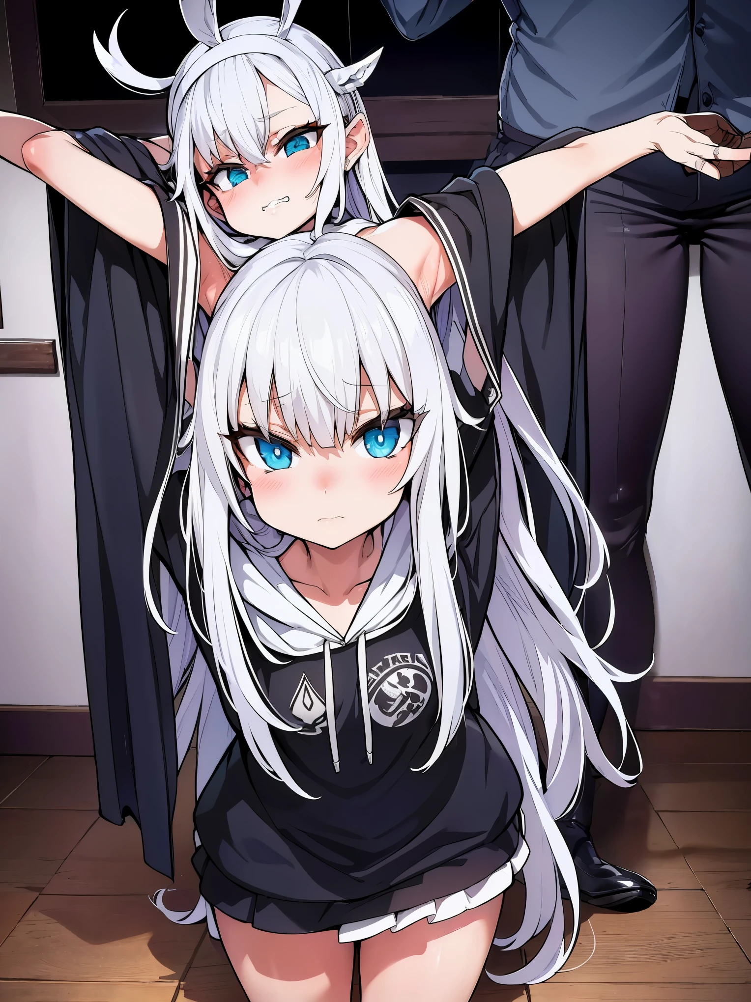 best quality,highly detailed,ultra-detailed,incredibly_absurdres,an extremely delicate and beautiful girl,beautiful detailed glow,ultra-detailed,beautiful and delicate water,extremely_detailed_eyes_and_face,{{{expressions}}},{long hair},Skirt,black silk stocking,hoodie ,JK,{slippers},hood,small breast,adorable girl,student,sigh,annoyed,frown,head tilt,{stretch}