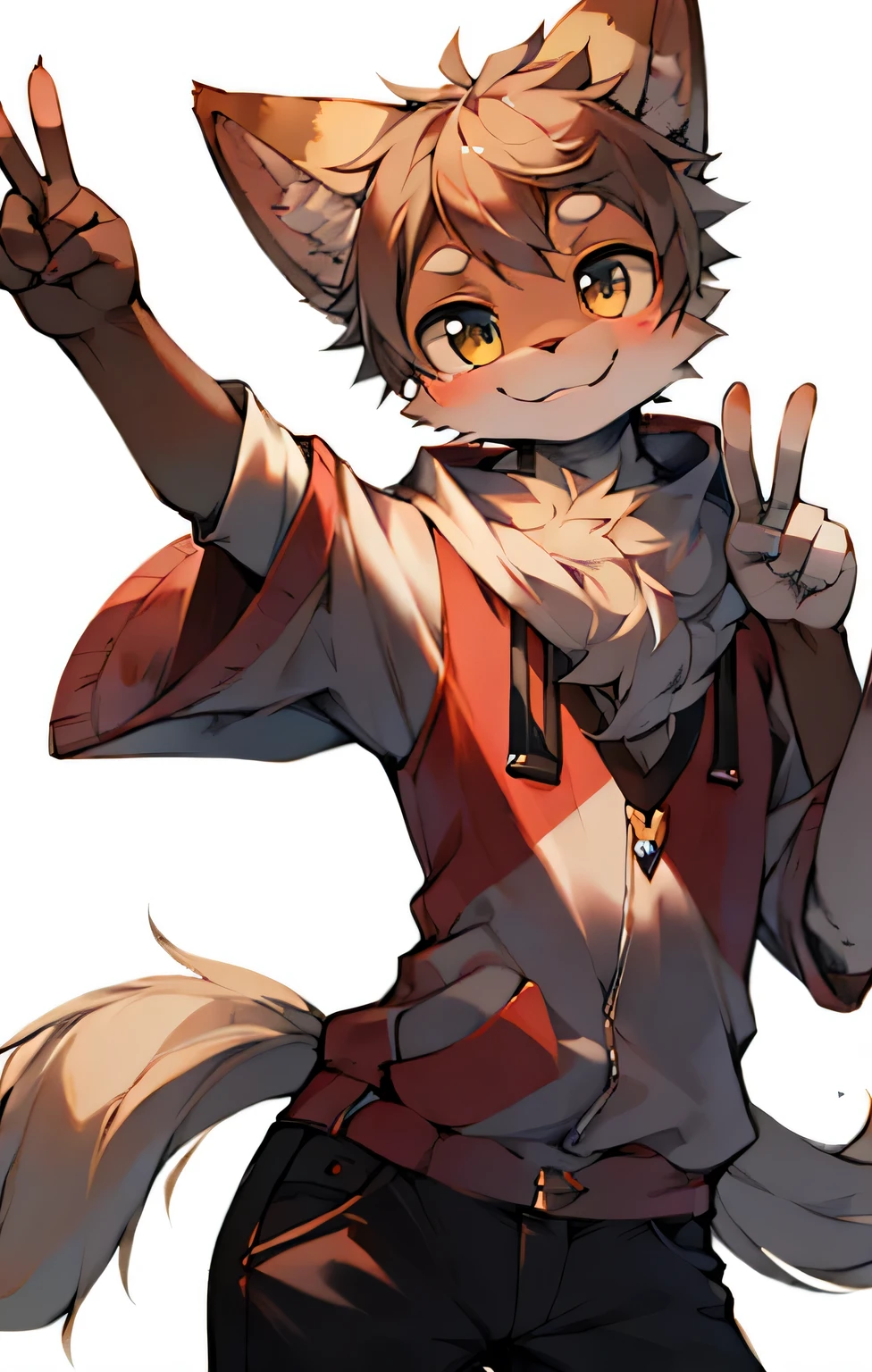 charming,,Happily posing for the camera, Smile warmly and give a friendly peace sign