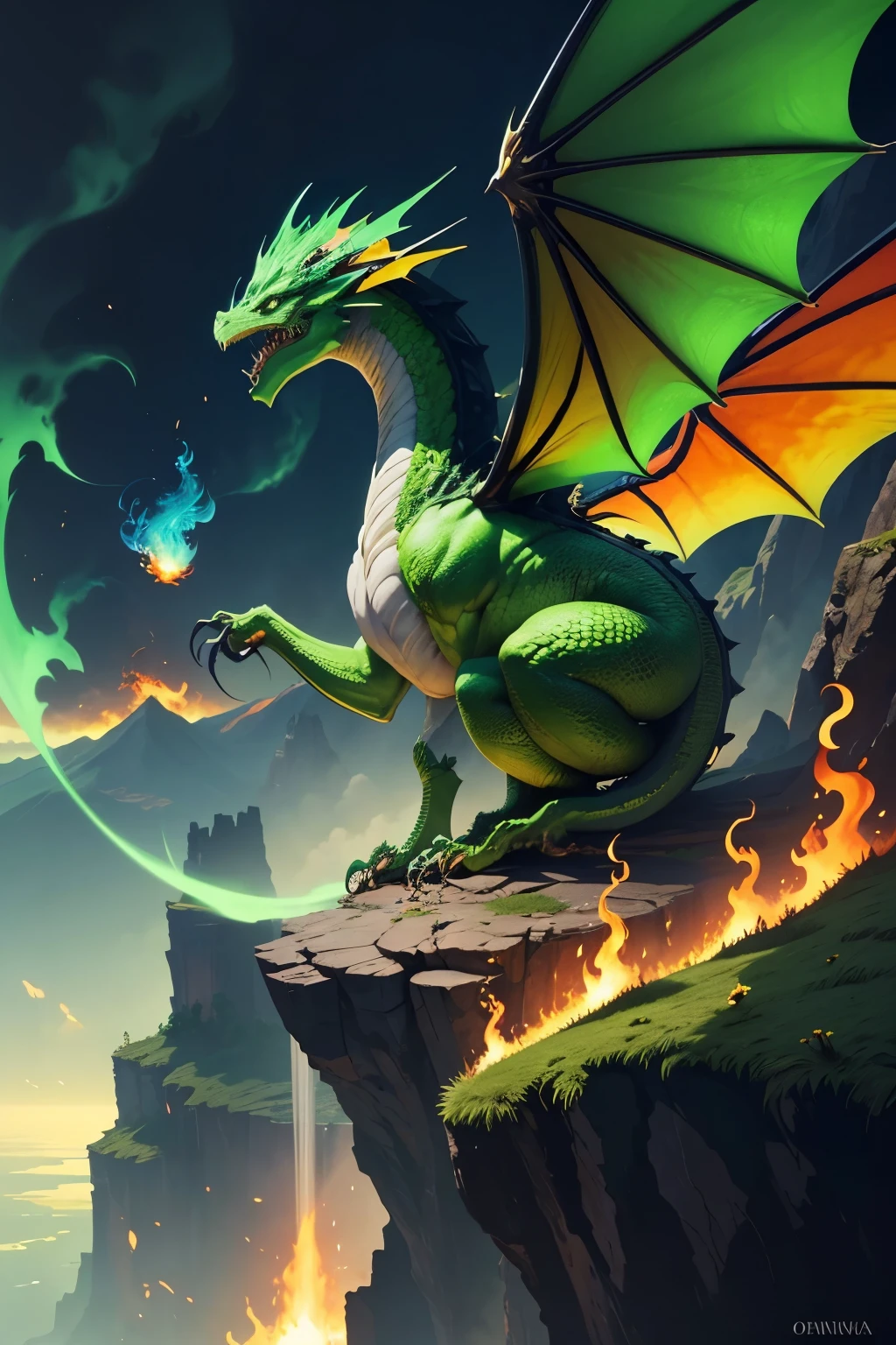 Green dragon with flaming wings exhales fire on top of a cliff. The Flaming Dragon breathes fire, volcanes, respirando fuego. energy elements, aura, Onda, particles, and harmony.