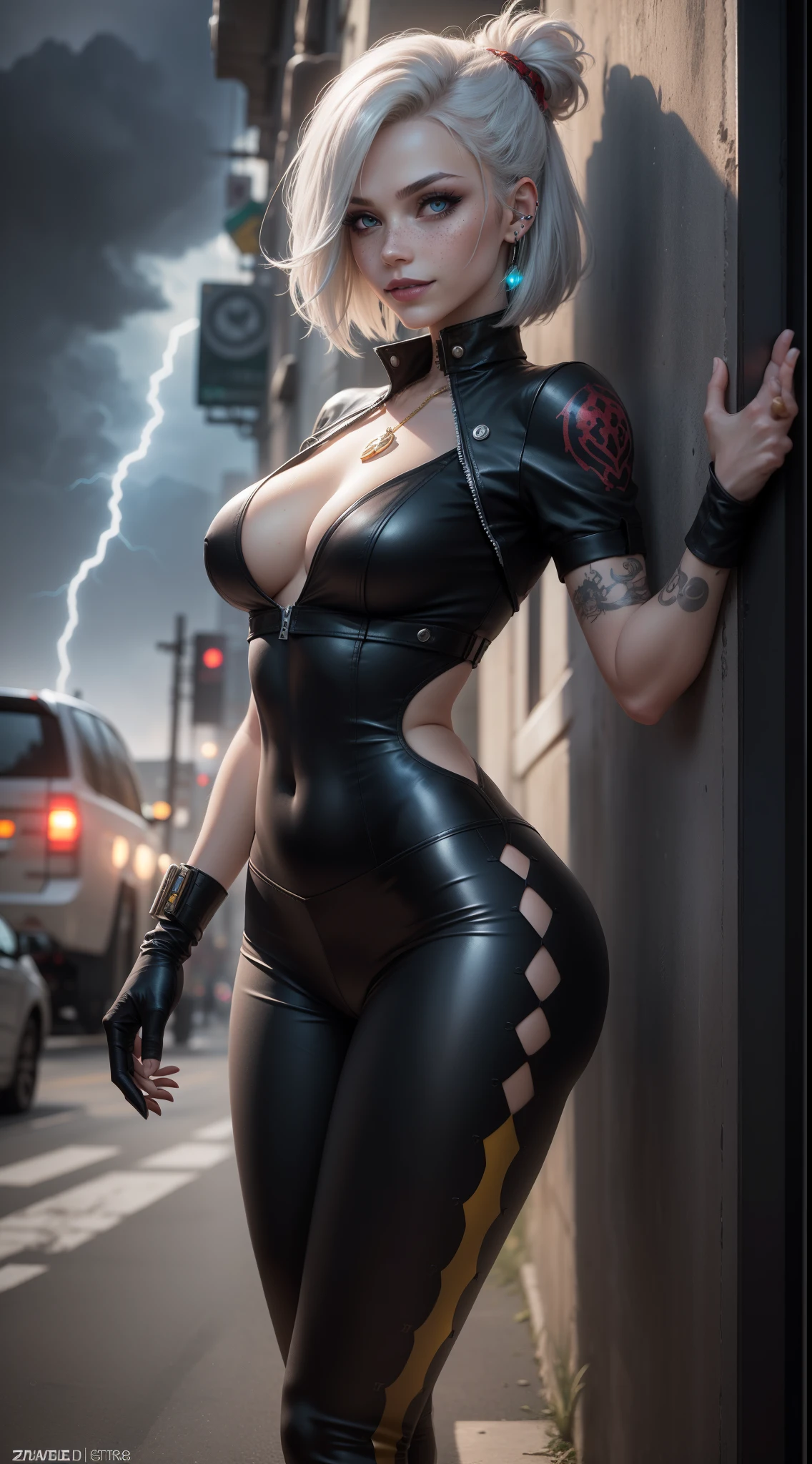 android 18,yorha 2b,mara jade,mordred, samus aran,overwatch,atelier ryza,close up,mountain view,tattoos,royal gray and gold plugsuit,white short sleeve formal top,black formal tie,thunder embroidery short sleeve formal coat,steel cargo leggings,short punk hair,punk makeup,blue eyes,multicolored silver hair,cyberpunk gloves,sexy smile,freckles,beautiful girl, cyberpunk high heels,large breasts,8k,ultra detailed,realistic,fantasy art,hair pin,ear piercings,(weather:thunderstorm),1girl,gold neck and hand jewelry,glowing thunder sword,