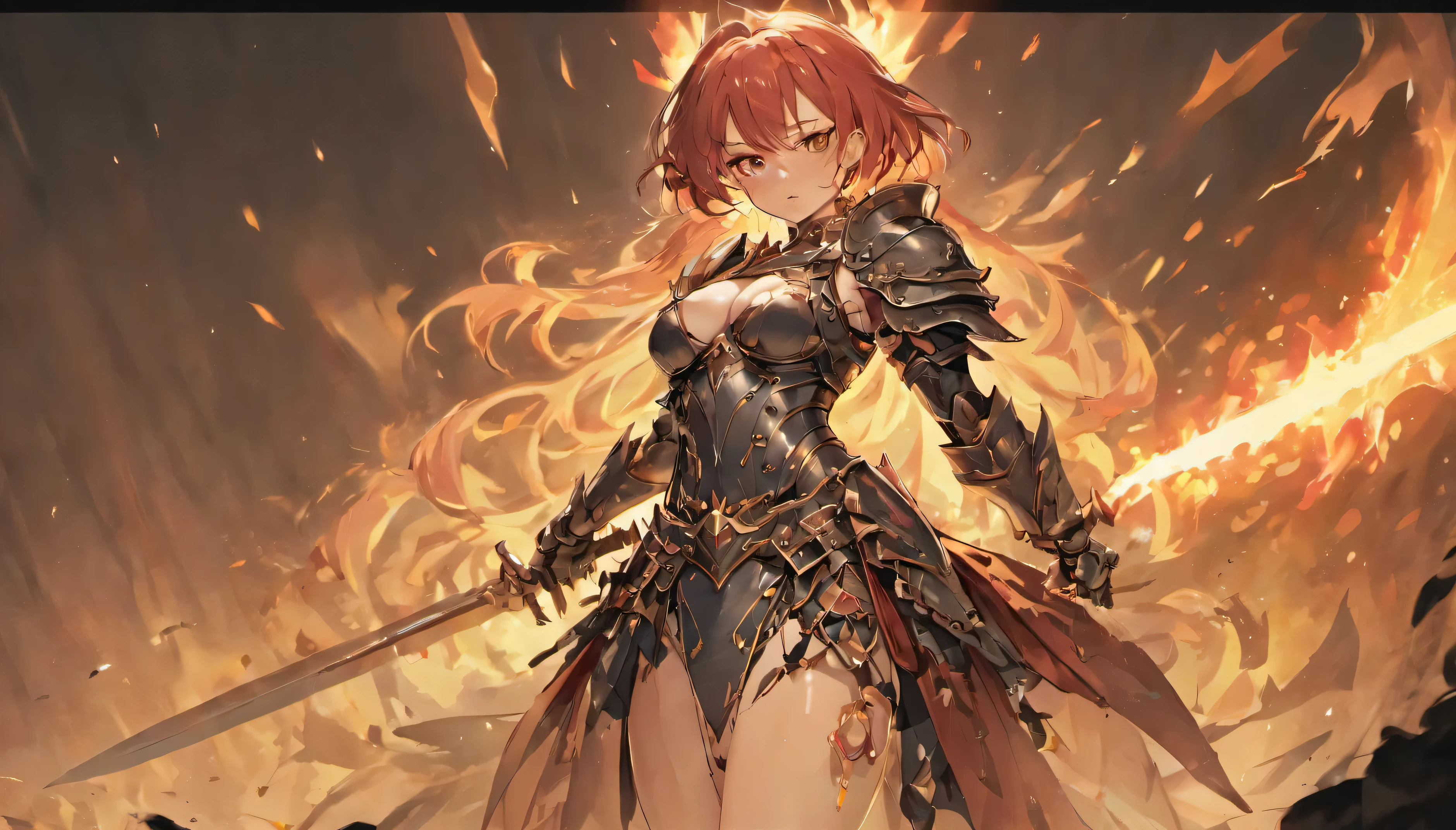 knight in black armor, female, big bust, attractive body, hourglass shape, Tattered Cloak, threatening, fire길한, The face hidden behind the helmet, pointed armor, wearing full gloves, cleavage display, thick thighs, blind eyes, detailed armor, strict and cold, Holding a long sword in one hand, Armor on hips and crotch, Armor on the arm, Armor on the legs, full body photo, 중세 마을이 배경에서 fire타고 있다, fire, 단 한 명의 female, angry, Close up of woman in armor holding sword, bikini armor female 기사, female 기사, of a beautiful female 기사, Highly detailed official illustration, armor girl, 8k high quality detailed art, 초상화 기사 female, Thick armor, But the armor covers her face, beautiful female 기사, female 암살자, badass anime 8 k, pale black armor, 4K Detailed Art