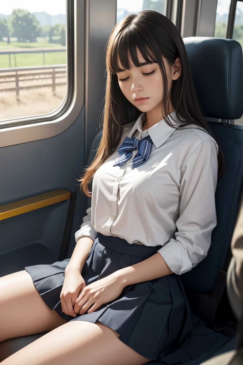 (realistic:1.3), face with shadow, Depth of written boundary, school uniform, {student bag}
,great art,(((very detailed))),
1 girl sitting,bangs,high school girl,sleep,close your eyes,white panties,skirt,
cowboy shot,from before
,(((very detailed))),in the train, a young woman is sleep contentedly. Through the gap between her legs and skirt, I can see her panties. Because the car is shaking, Calm facial expressions and gentle breathing create a calm atmosphere....{open your legs}
,(((very detailed)))